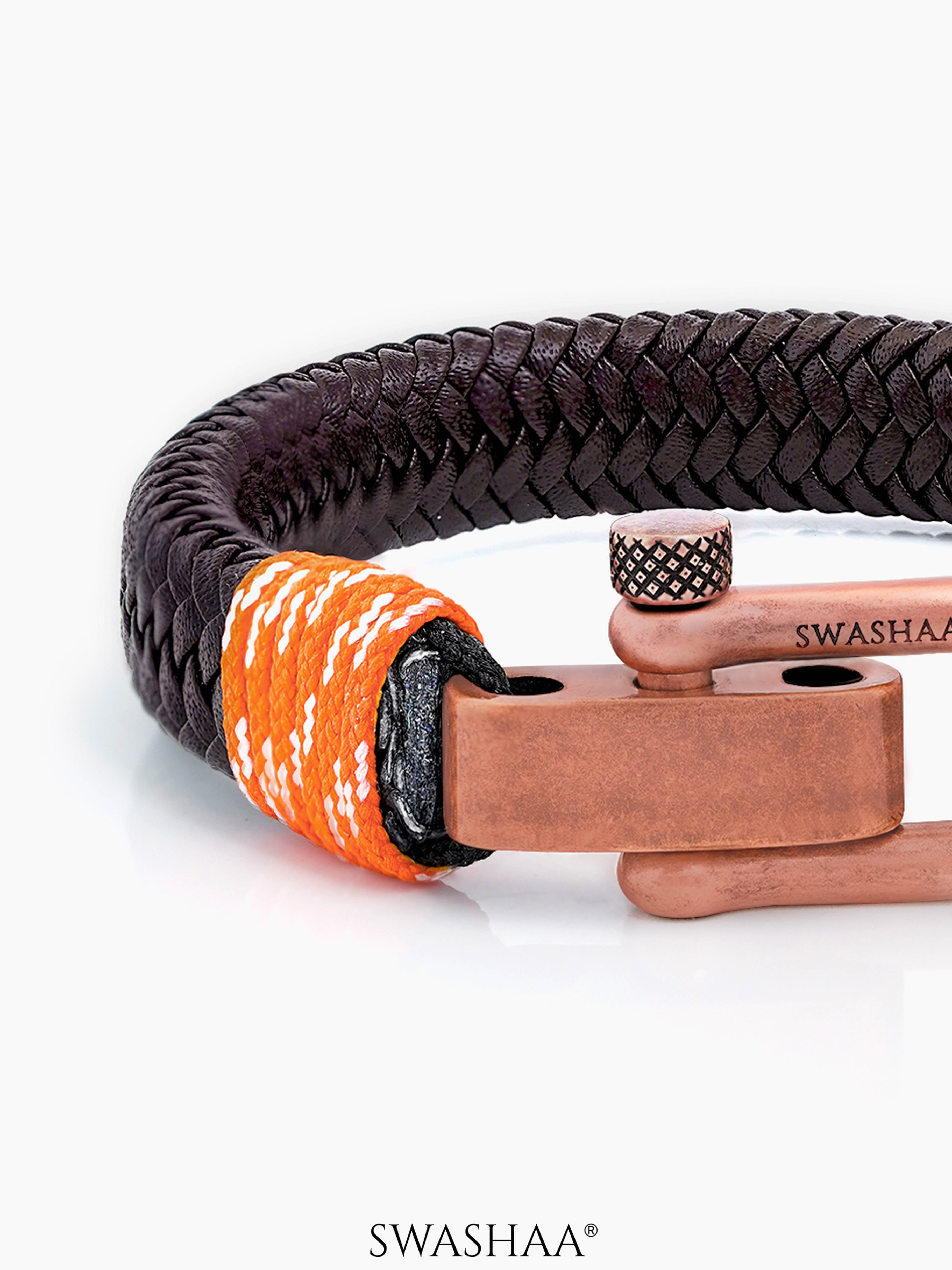 Brown Orange Trail Copper Braided Rosegold Metallic Men's Leather Bracelet