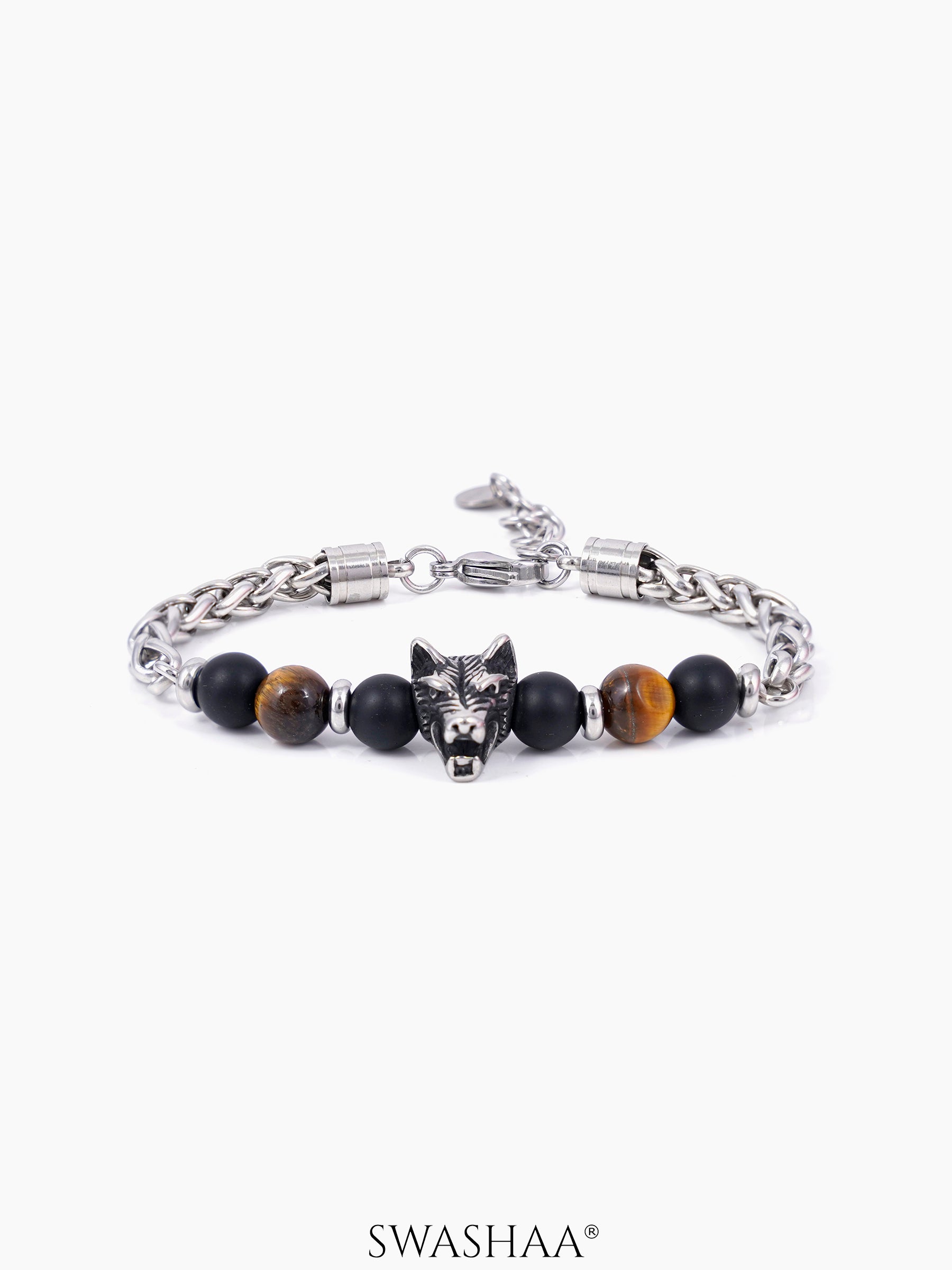 Brucel Black Matte Beads Silver Men's Beaded Bracelet