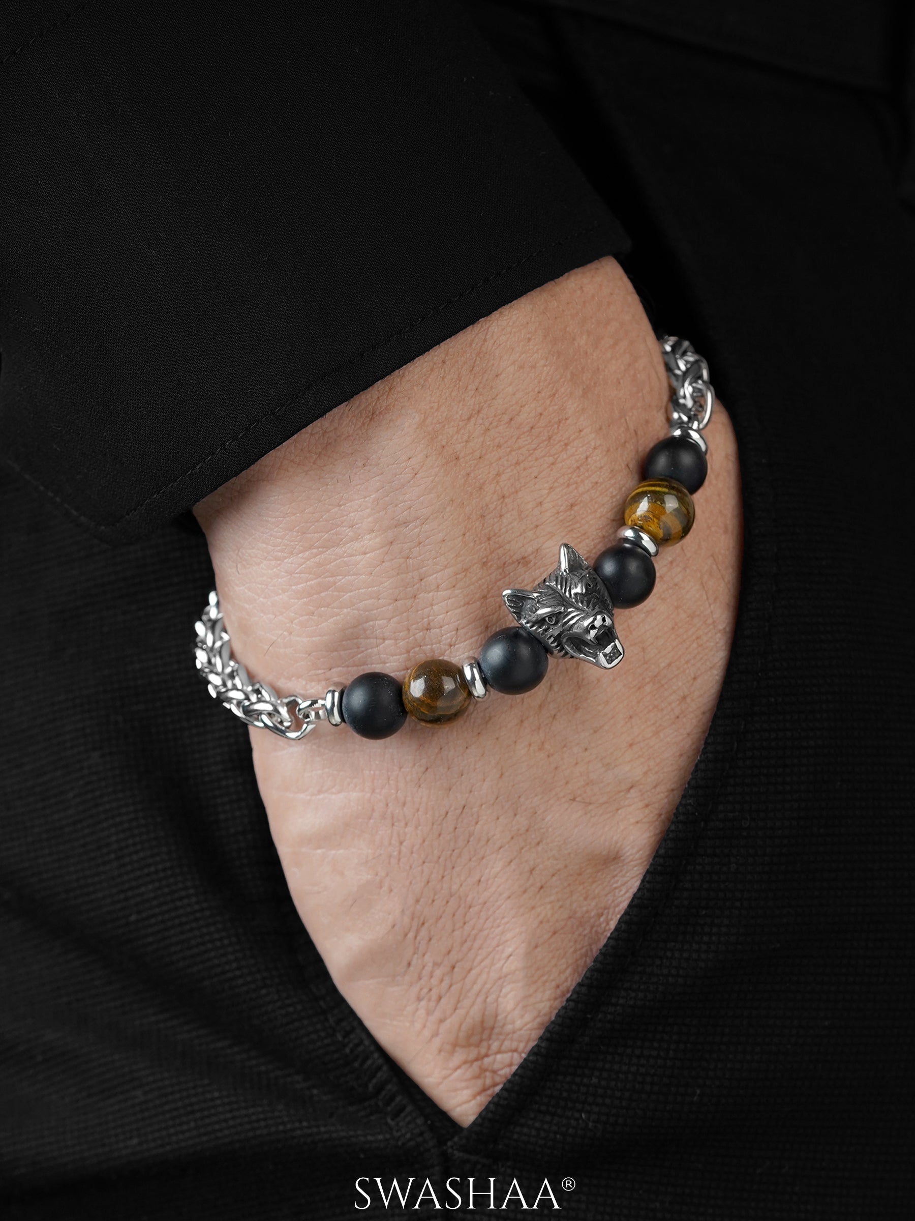 Brucel Black Matte Beads Silver Men's Beaded Bracelet