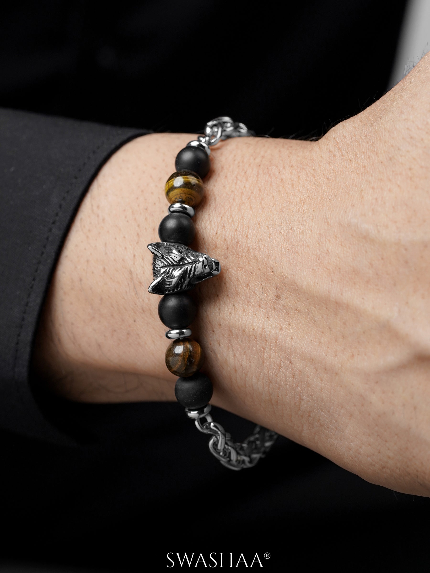 Brucel Black Matte Beads Silver Men's Beaded Bracelet