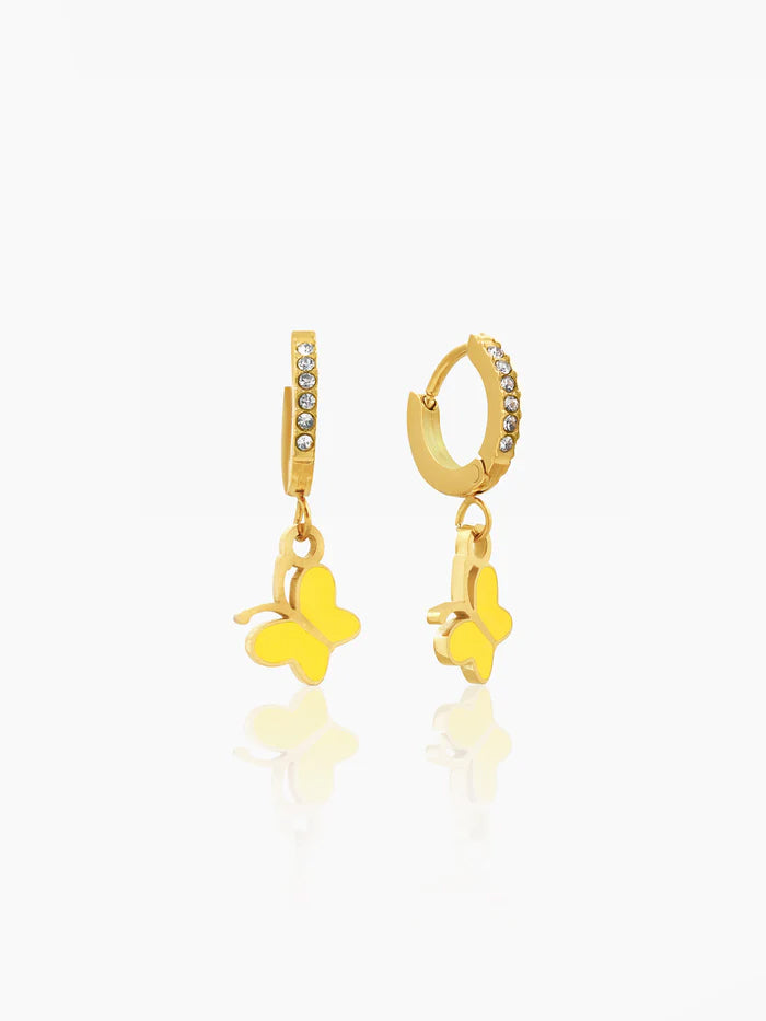 Buzzy Yellow Butterfly Diamond Charm 18K Gold Plated Kid's Hoop Dangling Earrings