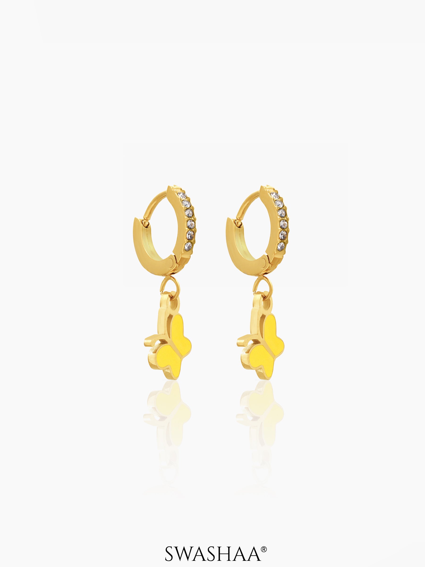 Buzzy Yellow Butterfly Diamond Charm 18K Gold Plated Kid's Hoop Dangling Earrings