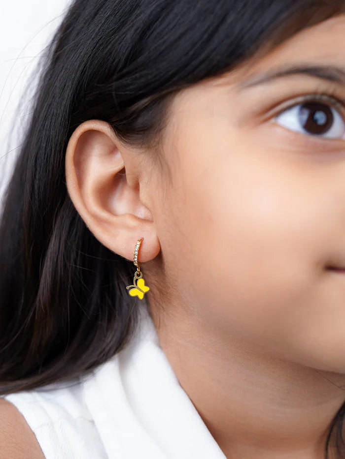 Buzzy Yellow Butterfly Diamond Charm 18K Gold Plated Kid's Hoop Dangling Earrings