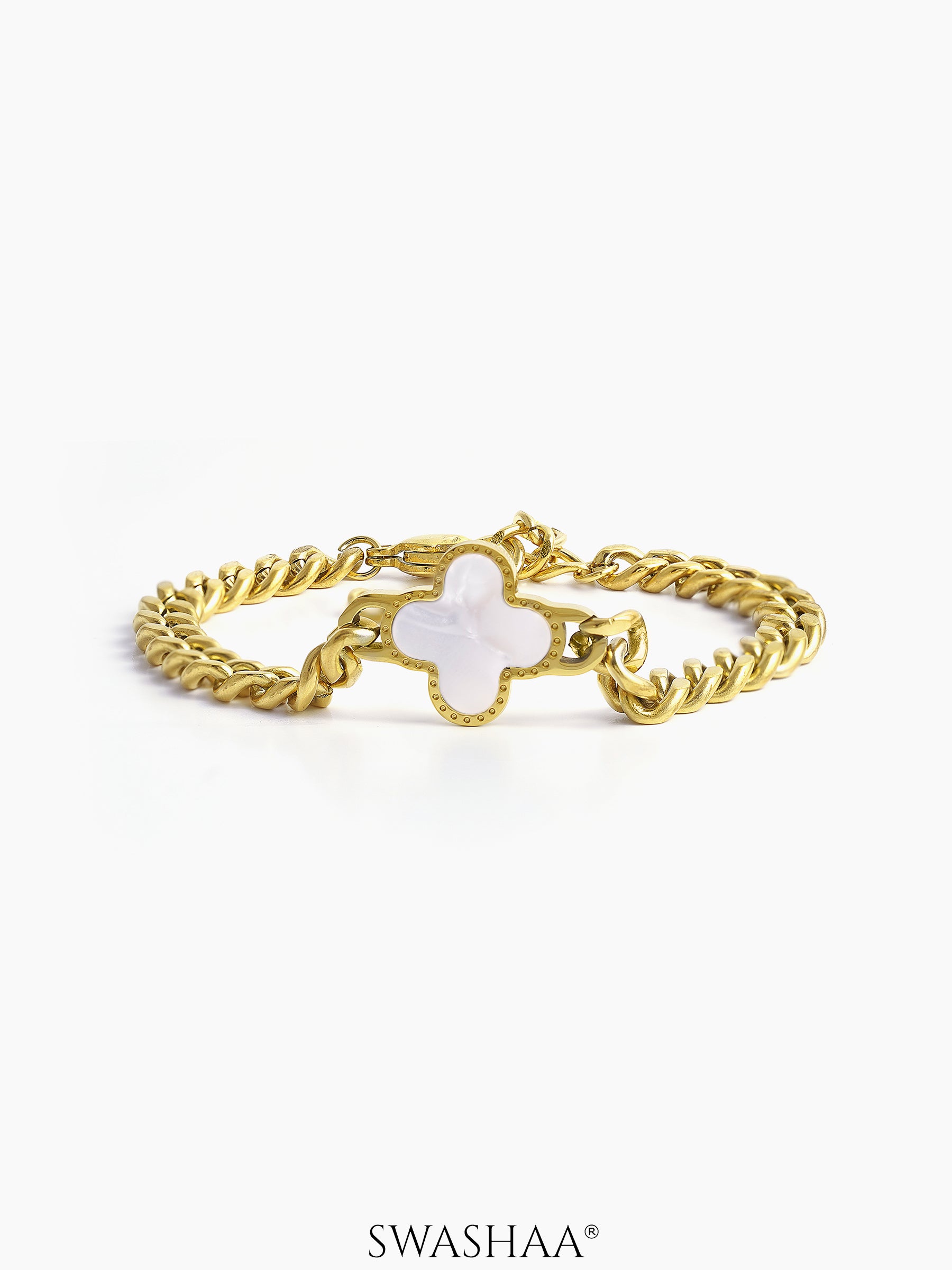 Clover Charm 18K Gold White Men's Chain Bracelet