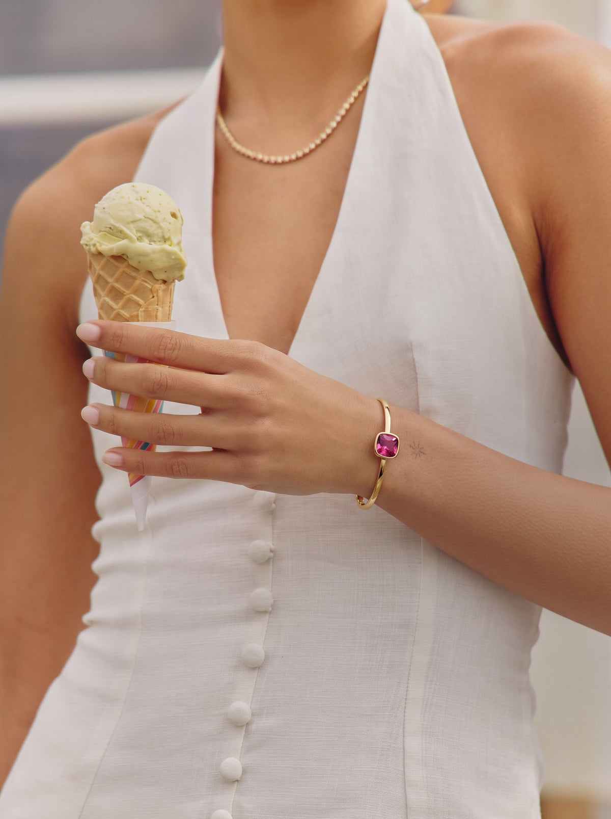 Caesar Pink Solitaire 18K Gold Plated Women's Solid Band Bracelets
