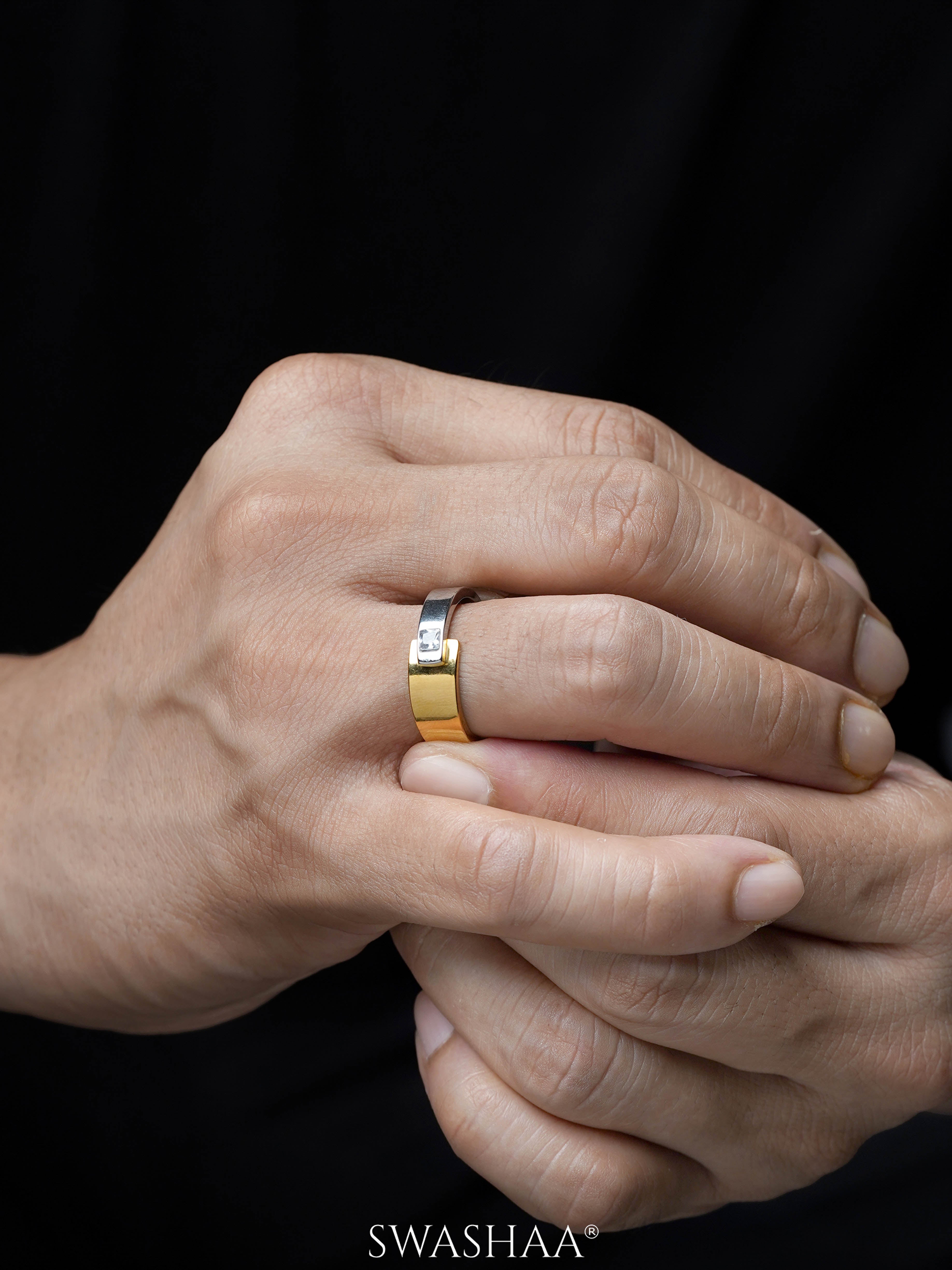 Caravan Gold Silver Dual Tone Embedded Diamond Band Men's Ring