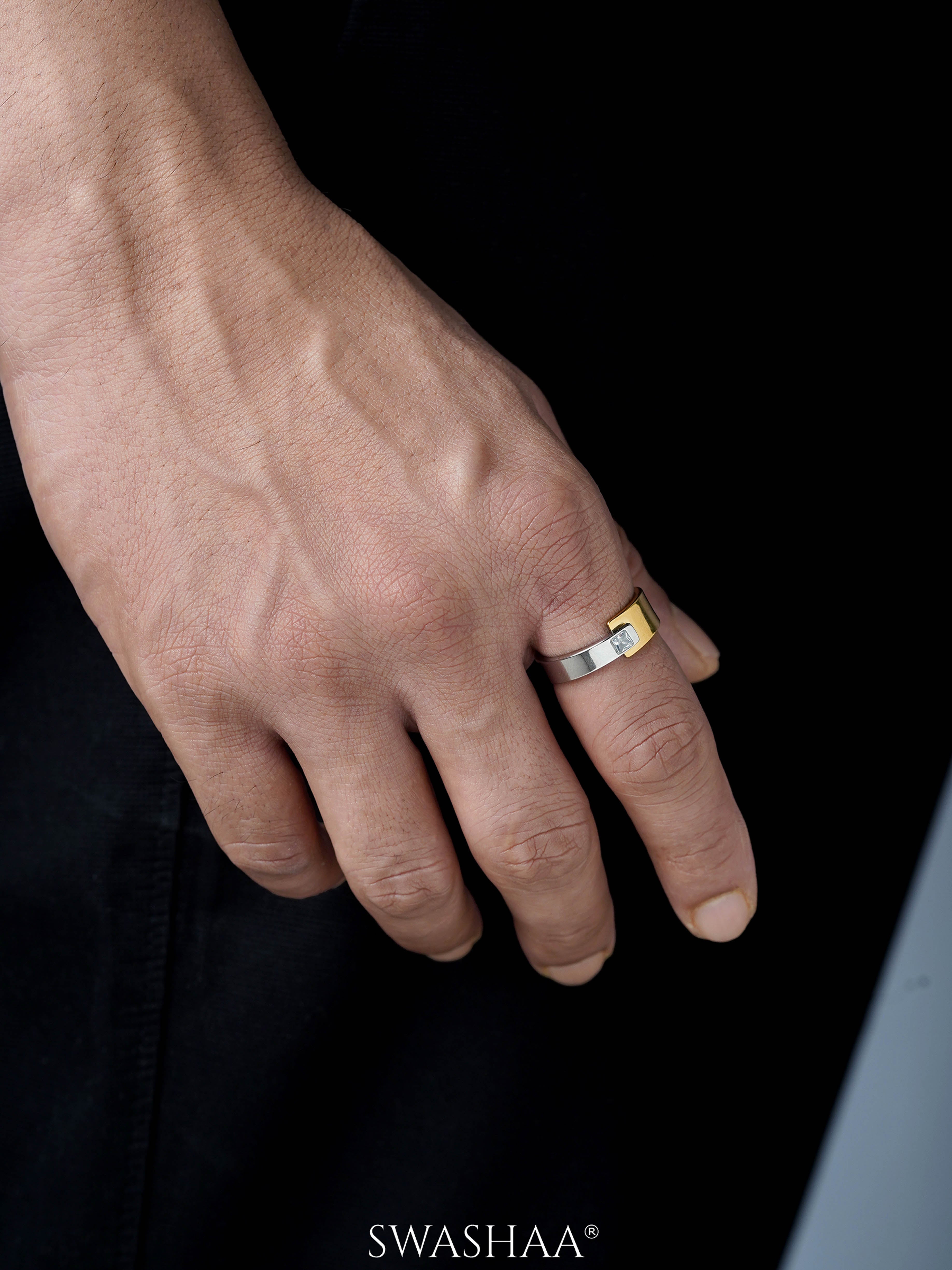 Caravan Gold Silver Dual Tone Embedded Diamond Band Men's Ring