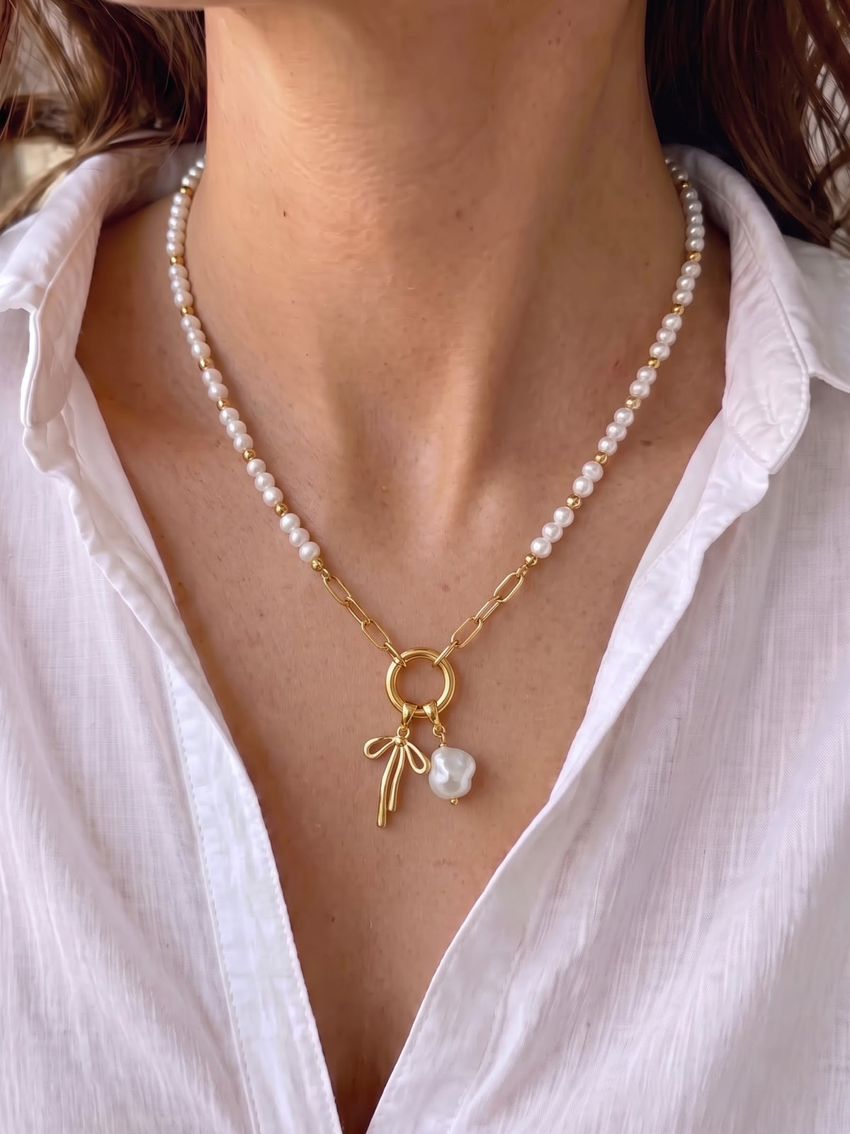 Cecily Bow Pearl 18K Gold Plated Women's Beaded Chain Pendant Necklace