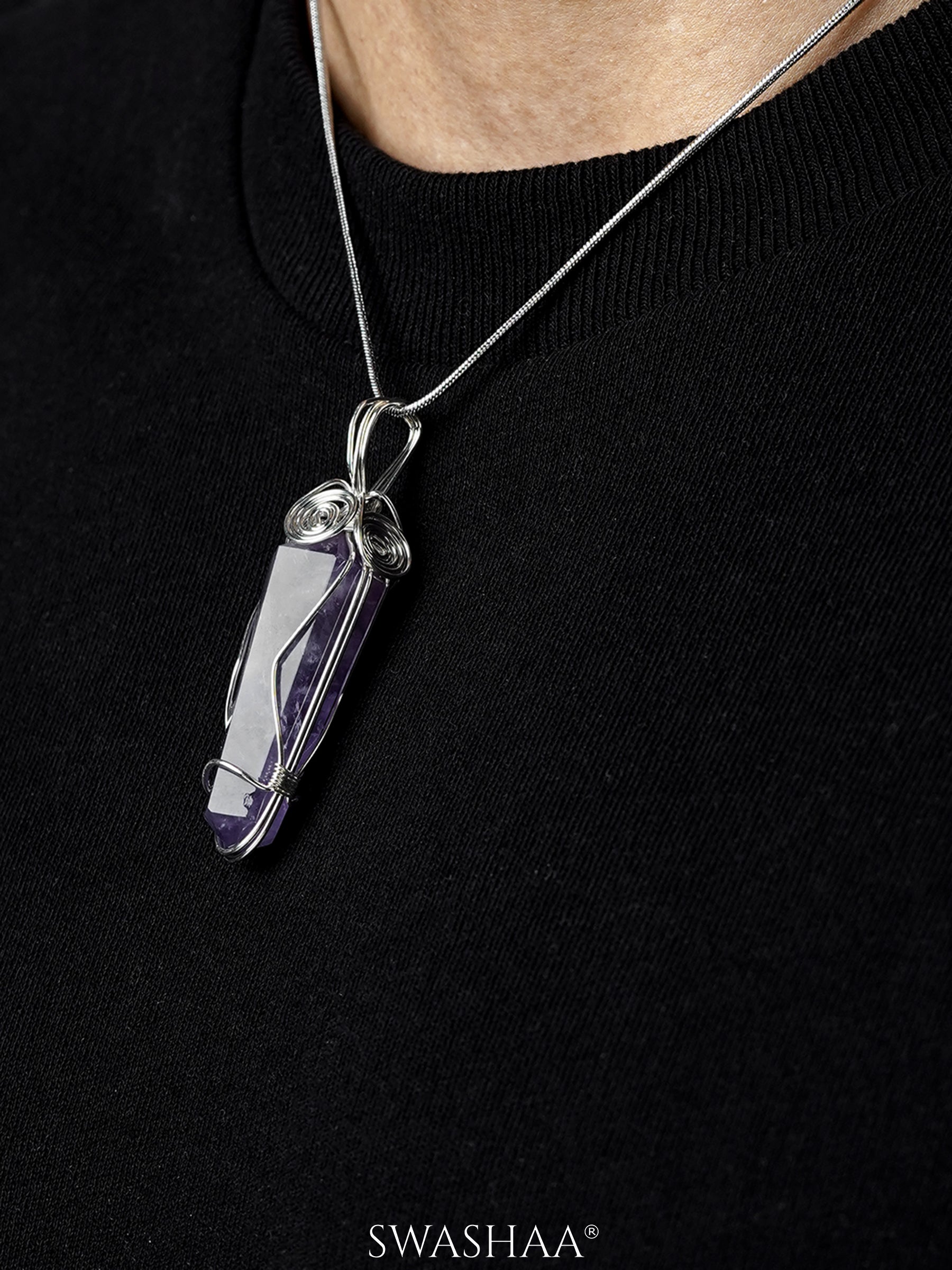 Celestial Amethyst Helix Silver Men's Chain Pendant | Natural Stone