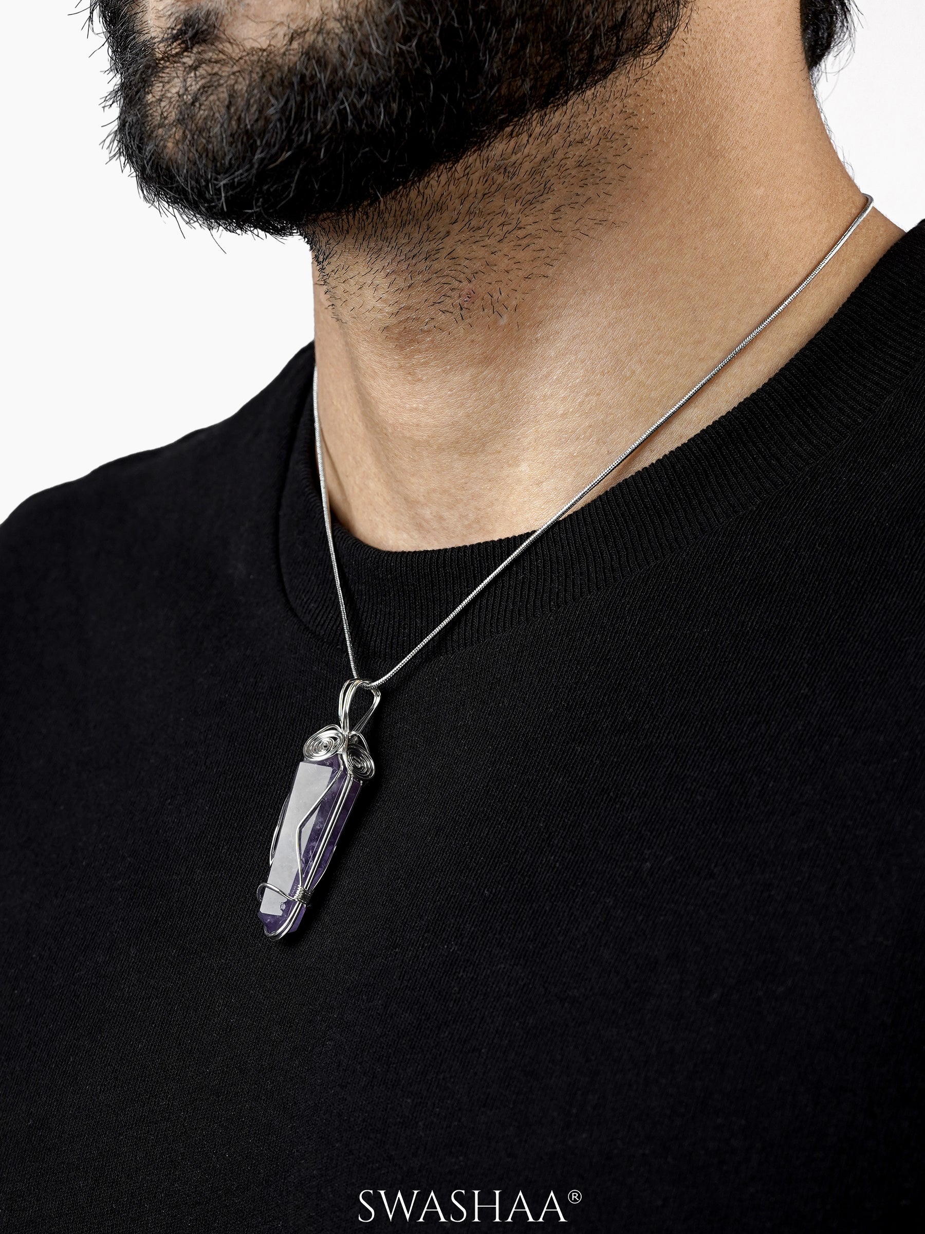 Celestial Amethyst Helix Silver Men's Chain Pendant | Natural Stone