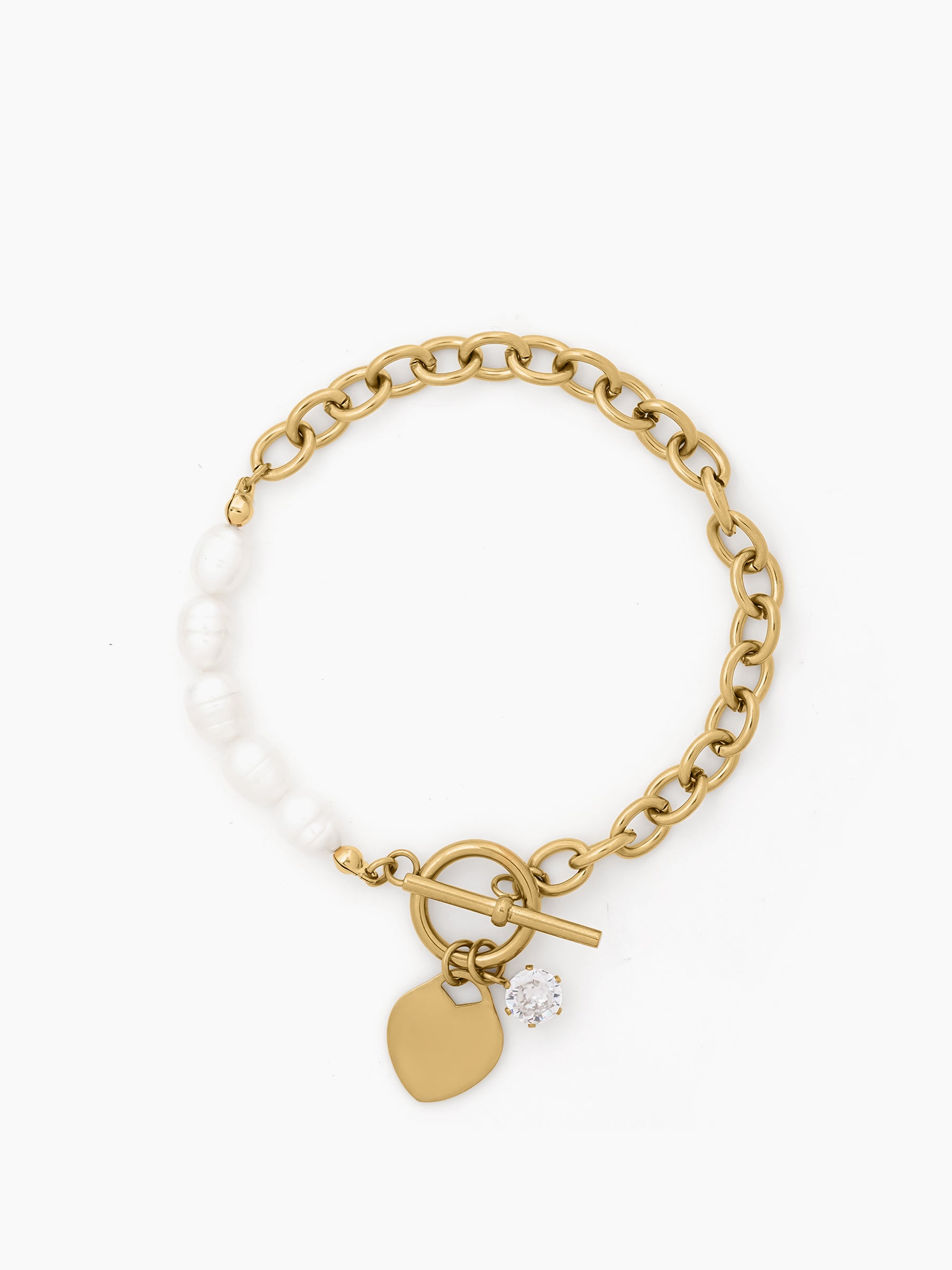 Celviana Heart Charm White Pearl Wrap Solitaire 18K Gold Plated Women's Loose Toggle Chain Bracelet
