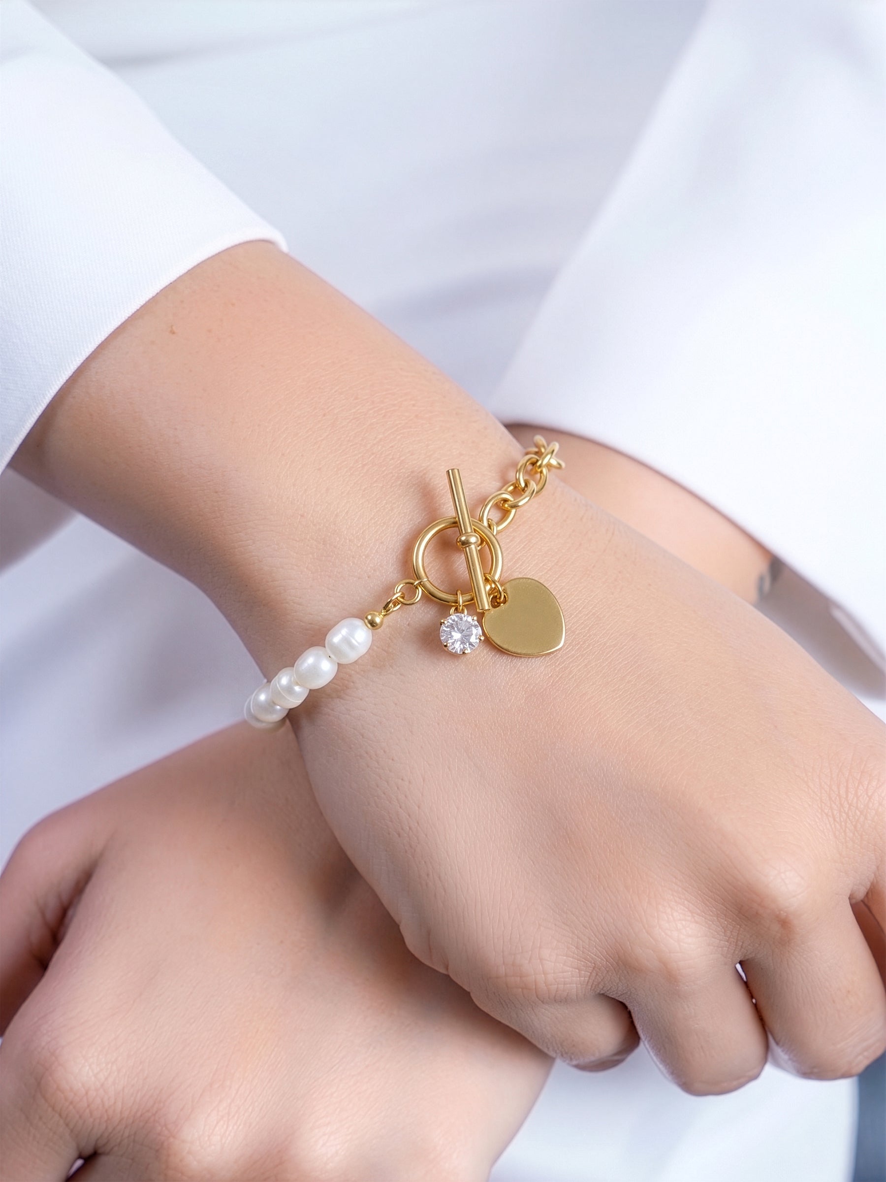 Celviana Heart Pearl 18K Gold Plated Bracelet - Swashaa