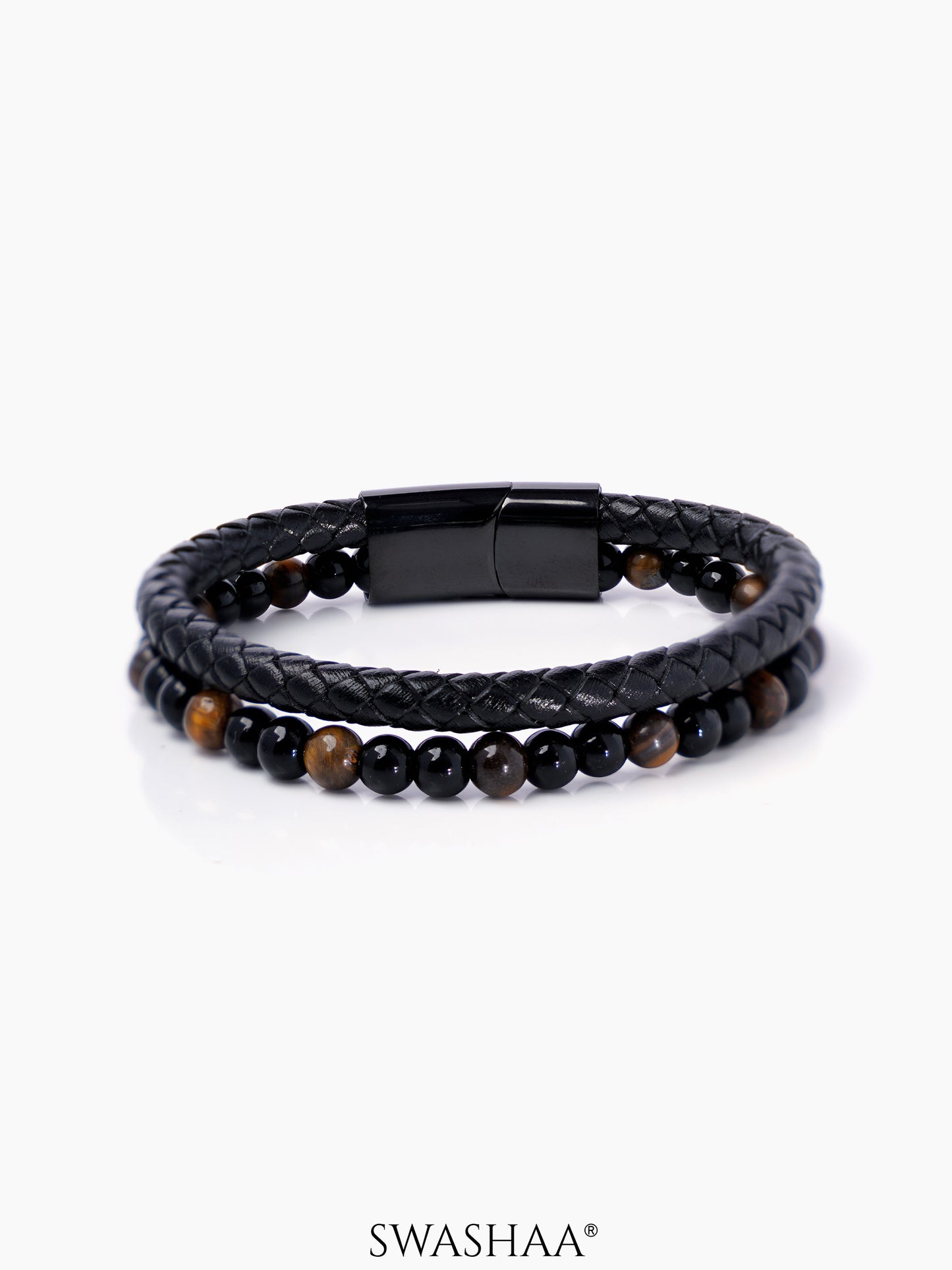 Charles Black Matte Brown Tiger Eye Beads Layered Men's Leather Bracelet