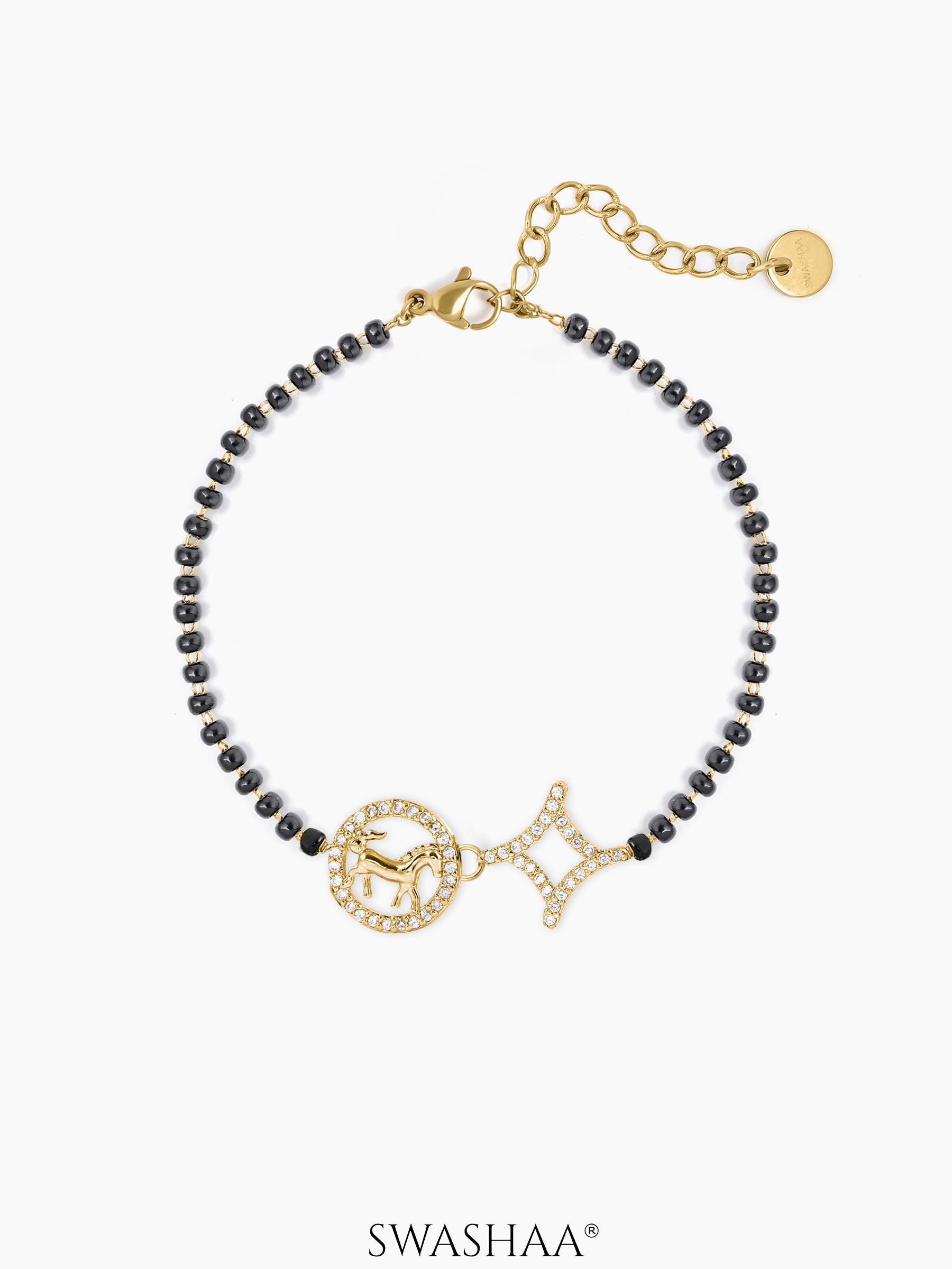 Charvi Circular Horse Medallion Diamond Shaped Charms 18K Gold Plated Mangalsutra Bracelet