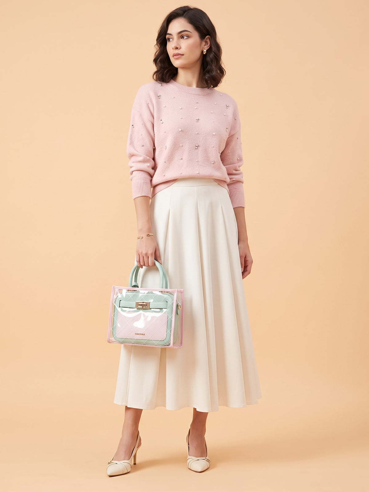 Cherie Mint Pink Transparent Inlay Women's Leather Handbag