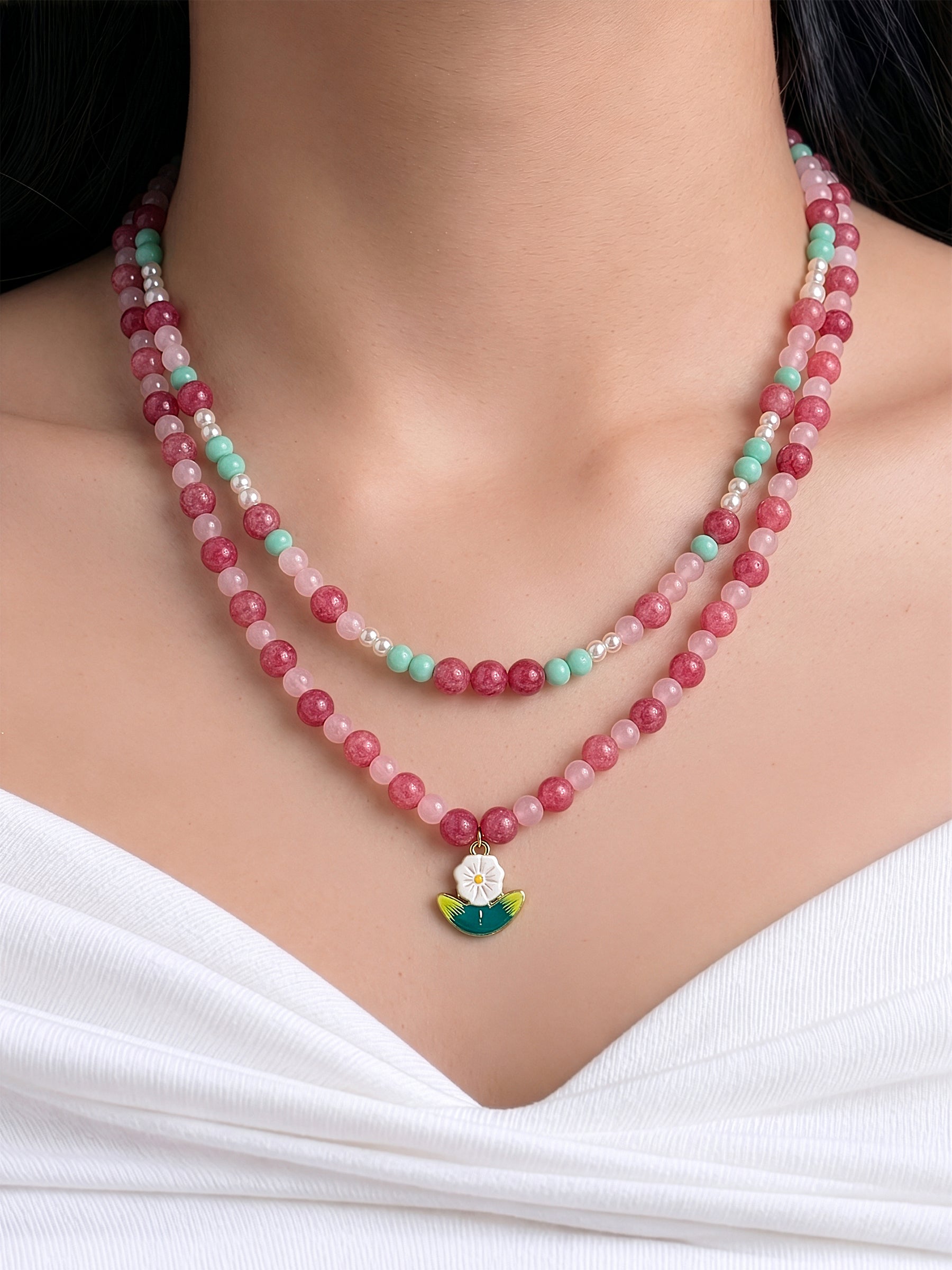 Cherry Pink Women’s Layered Beaded Necklace