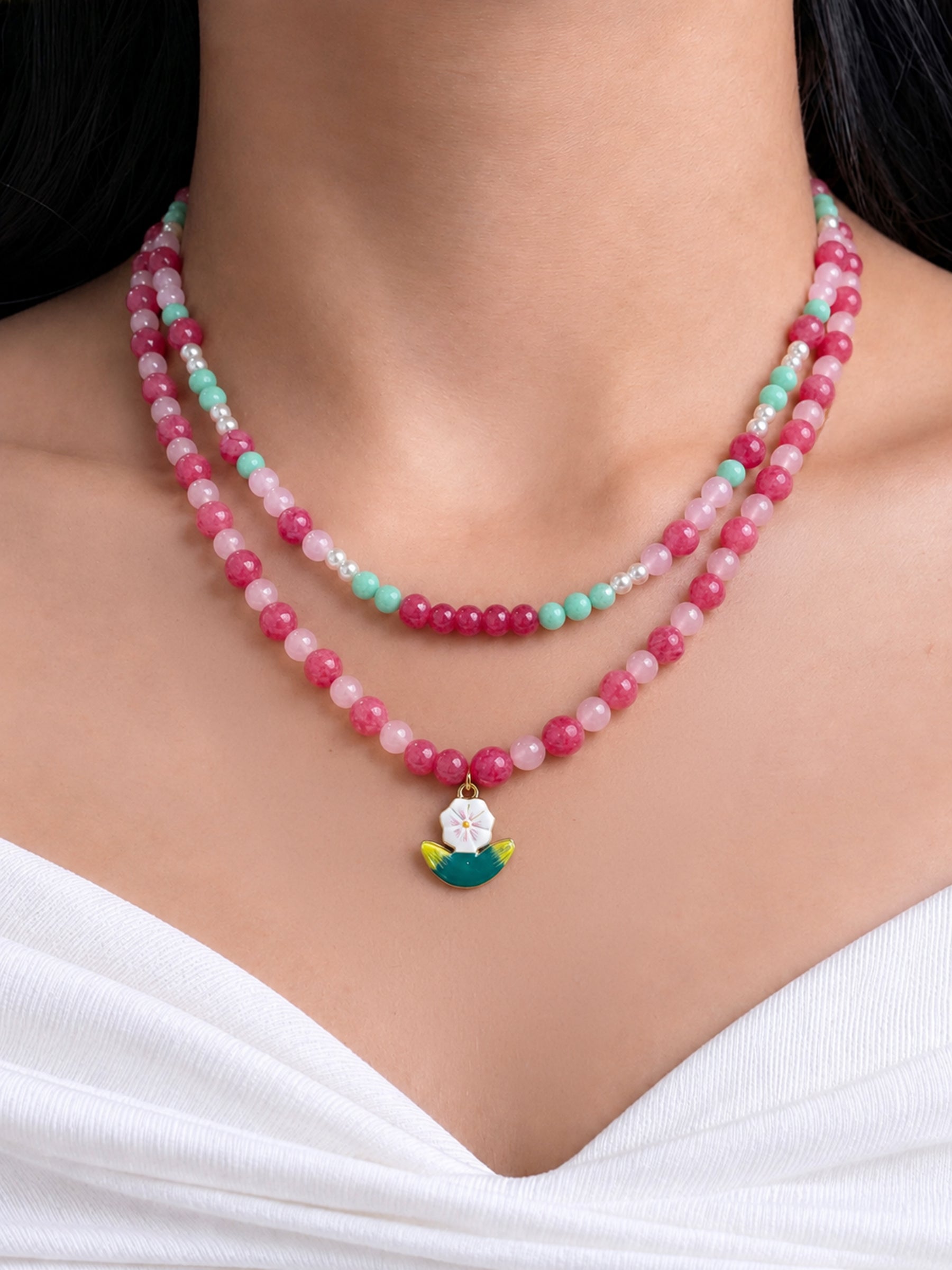 Cherry Pink Women’s Layered Beaded Necklace