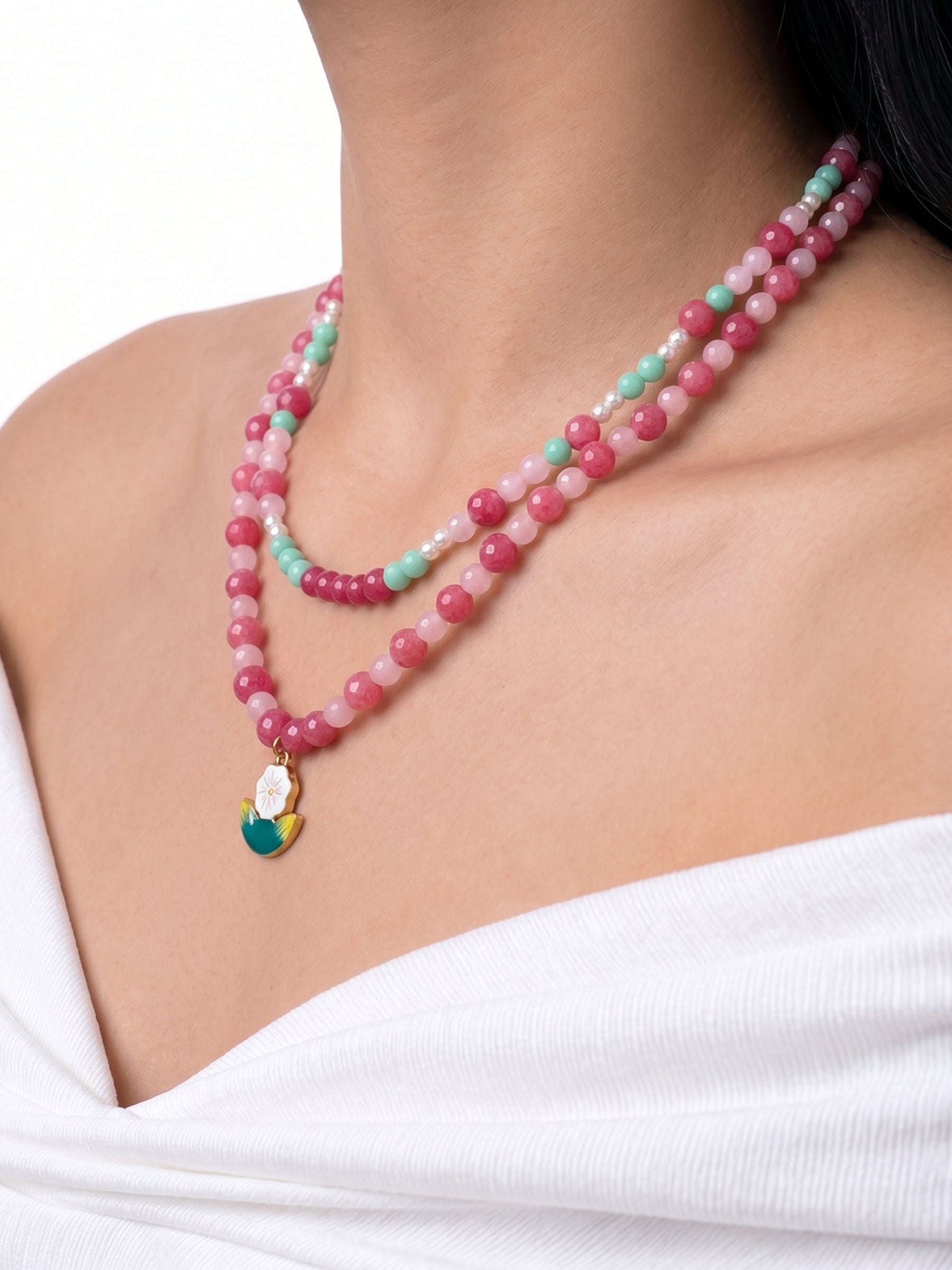 Cherry Pink Women’s Layered Beaded Necklace