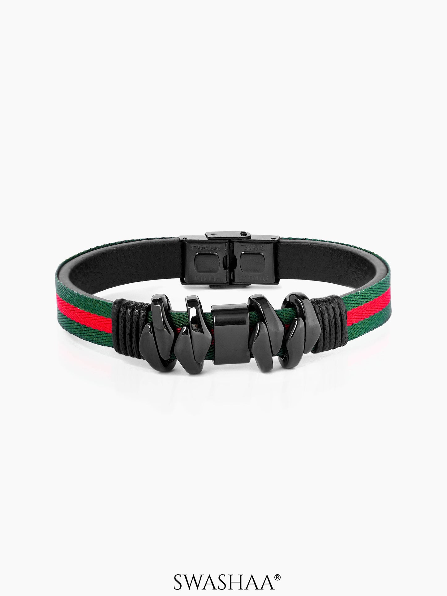 Christopher Green Red Strap Black Links Men's Leather Bracelet