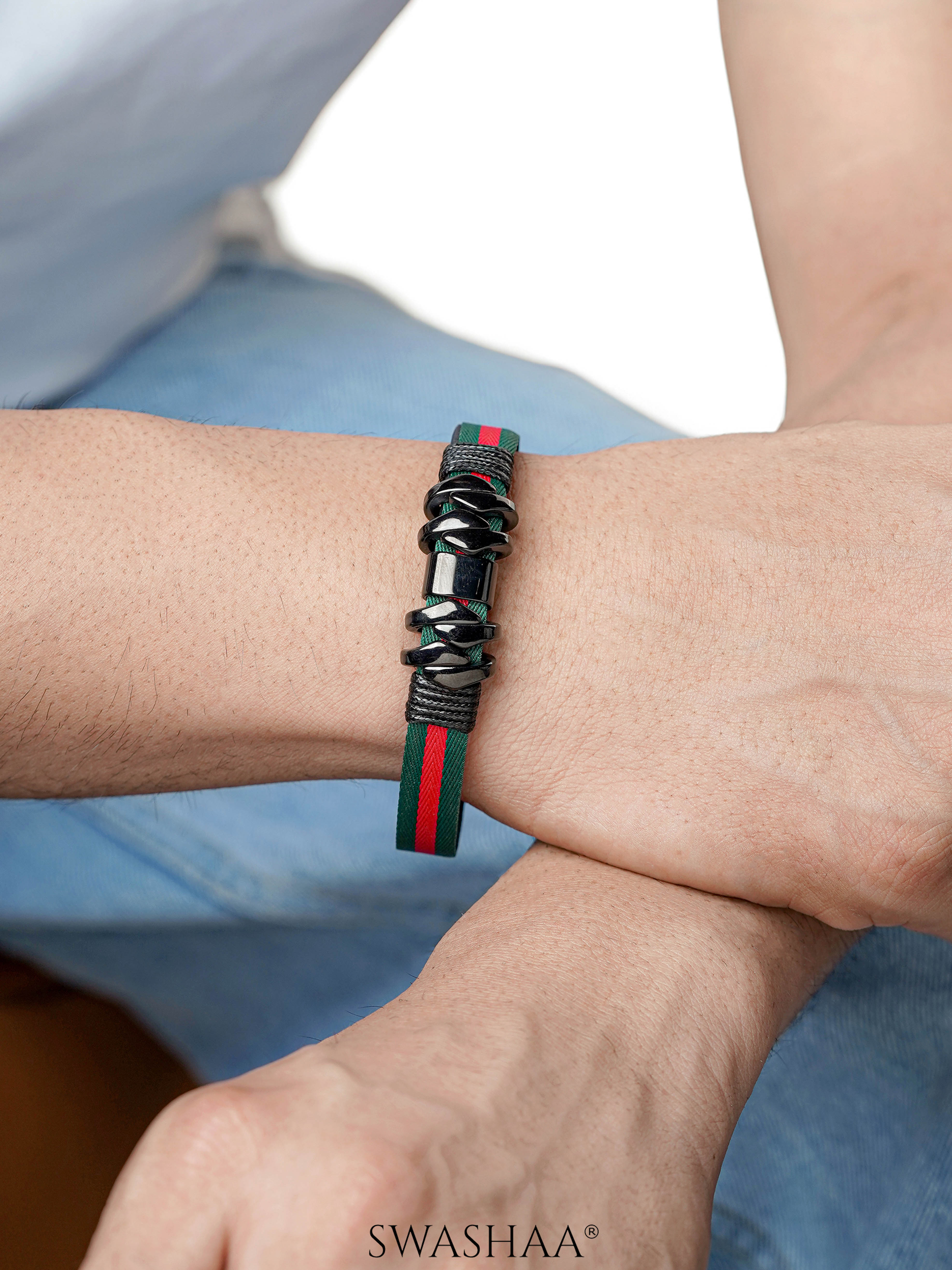 Christopher Green Red Strap Black Links Men's Leather Bracelet