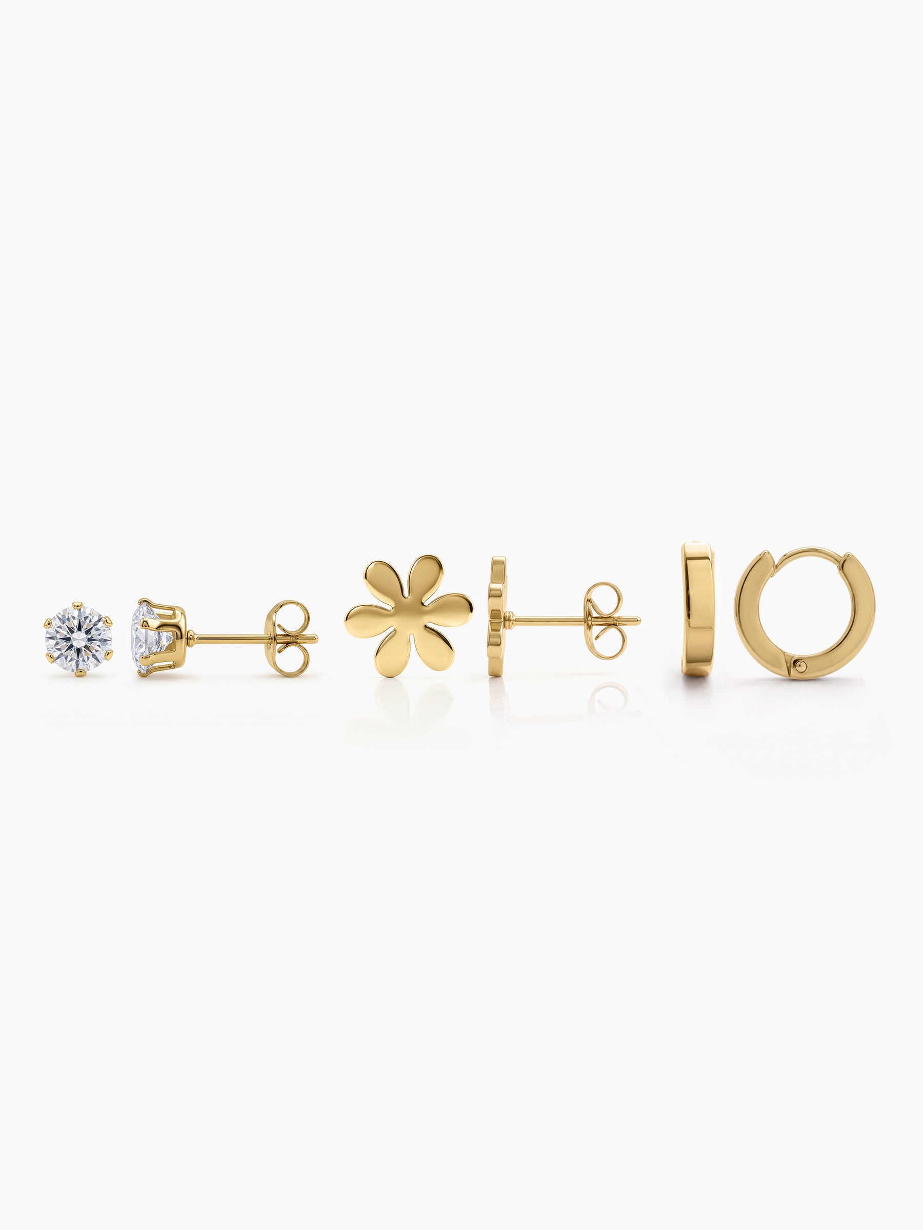 Cireva Flower Charm Trio Round Diamond 18K Gold Plated Women's Stud, Hoop Earrings Set