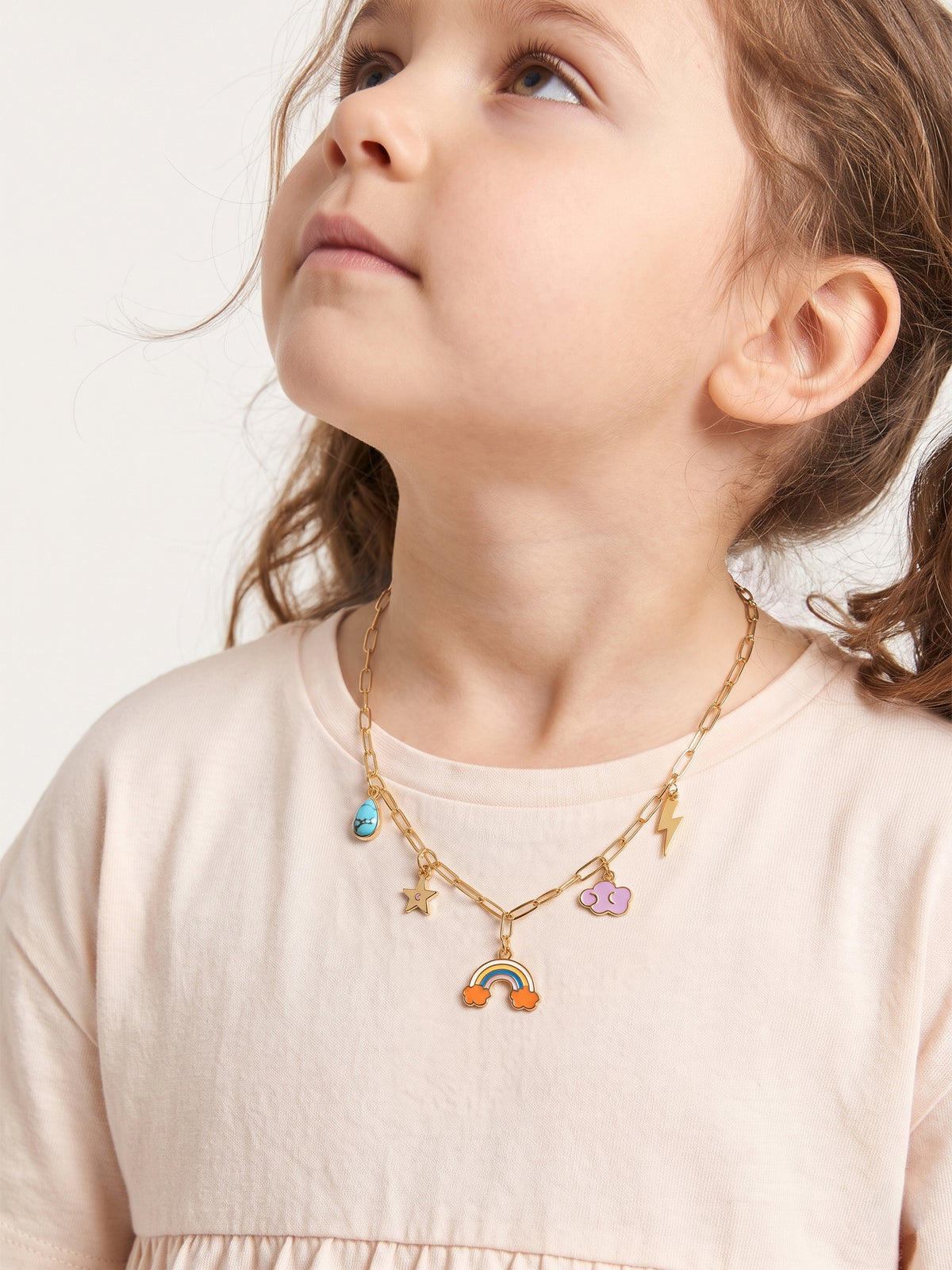 Cloudy Rainbow Star Lightning bolt Dream Blue Charms 18K Gold Plated Kid's Chain Pendant Necklace