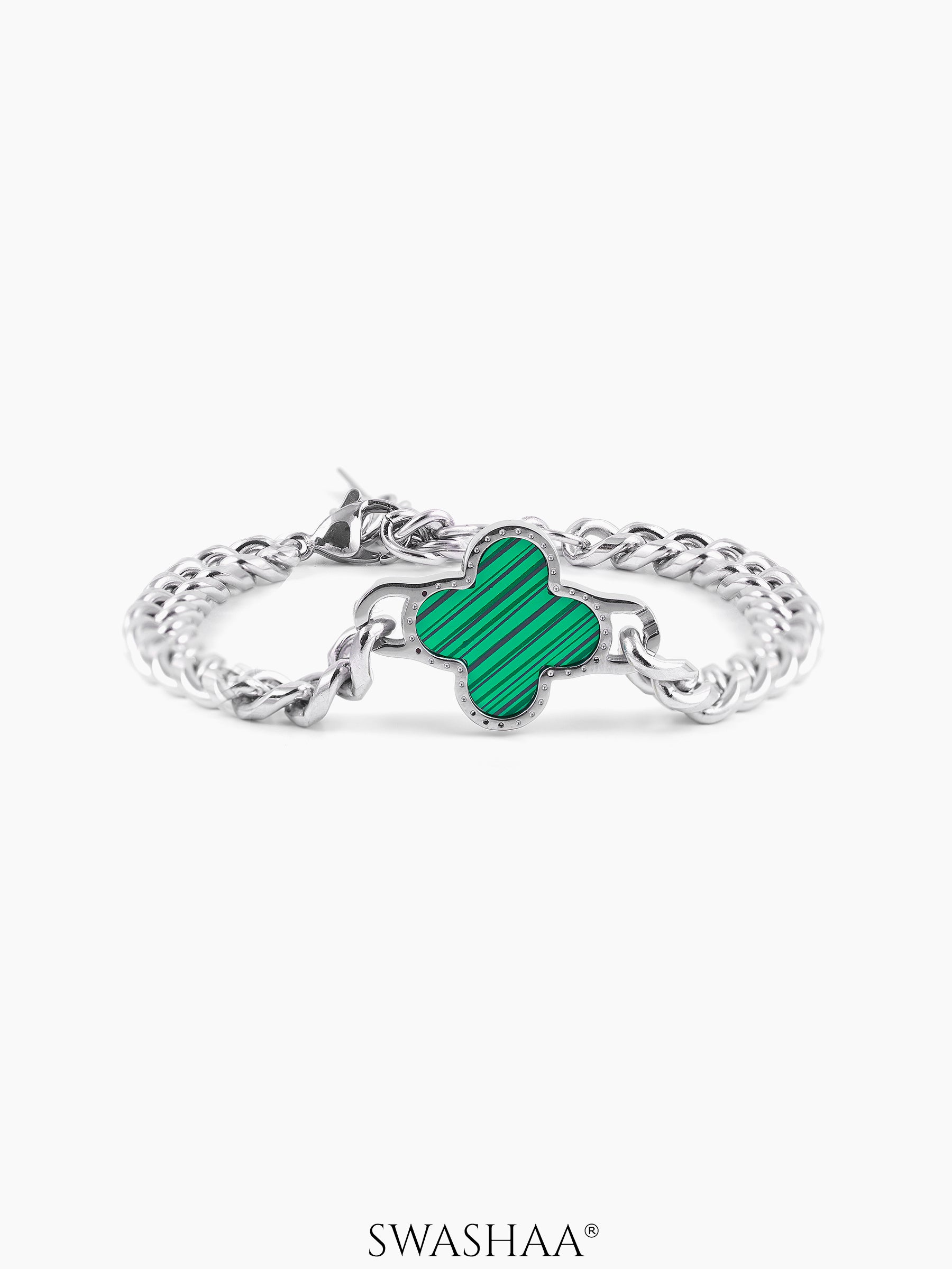 Clover Charm Silver Green Men's Chain Bracelet