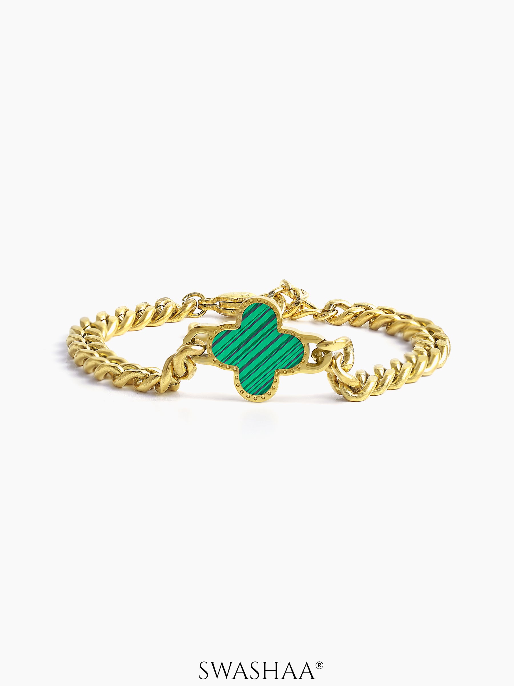 Clover Charm 18K Gold Green Men's Chain Bracelet