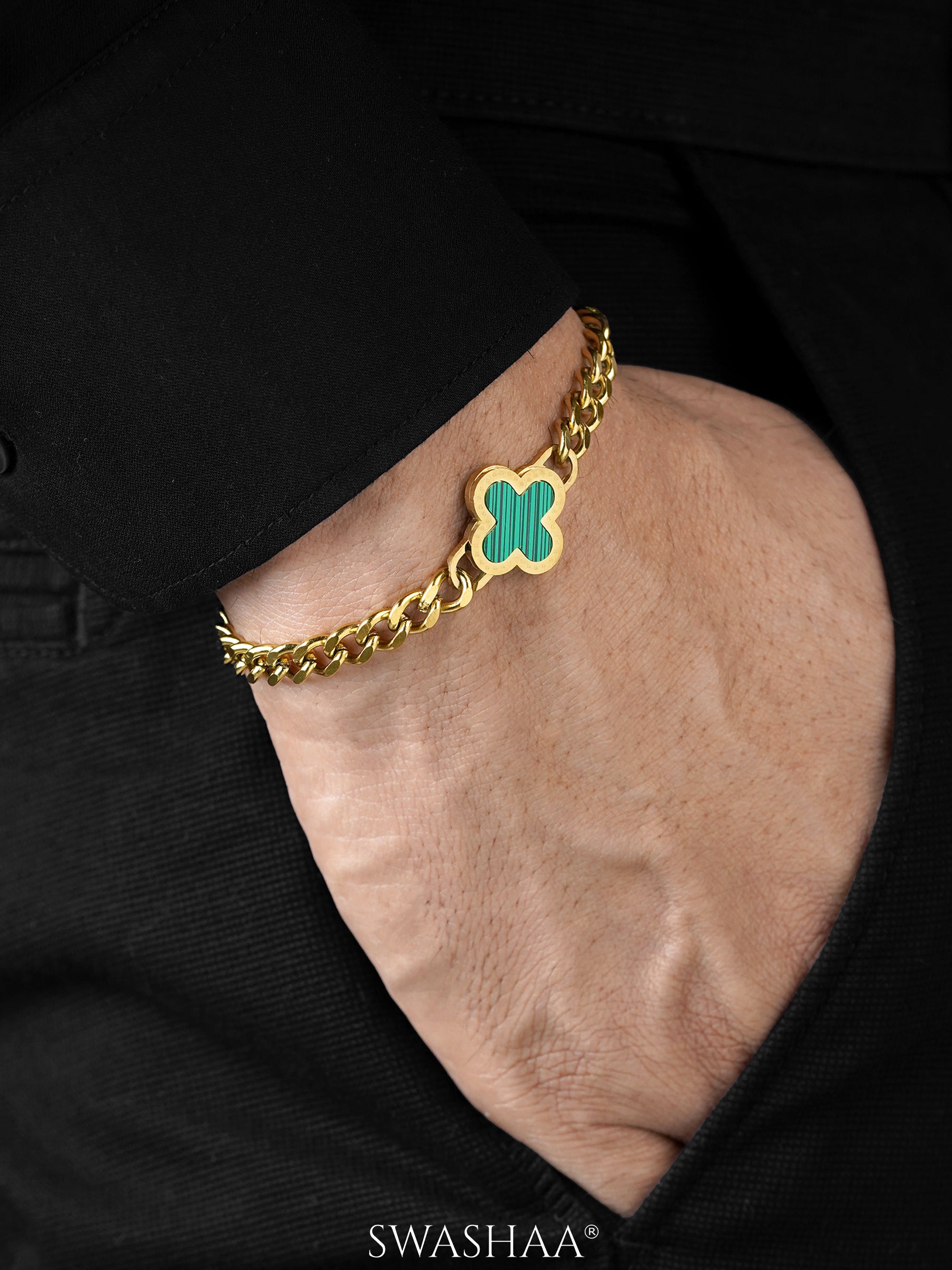 Clover Charm 18K Gold Green Men's Chain Bracelet