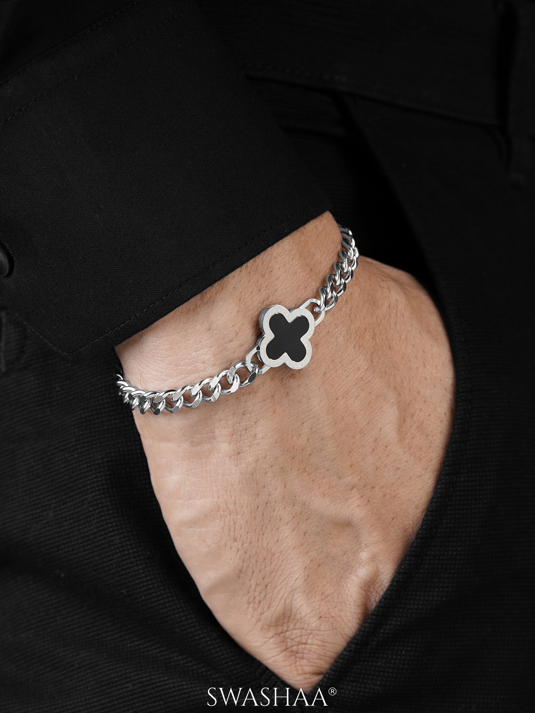 Clover Charm Silver Black Men's Chain Bracelet
