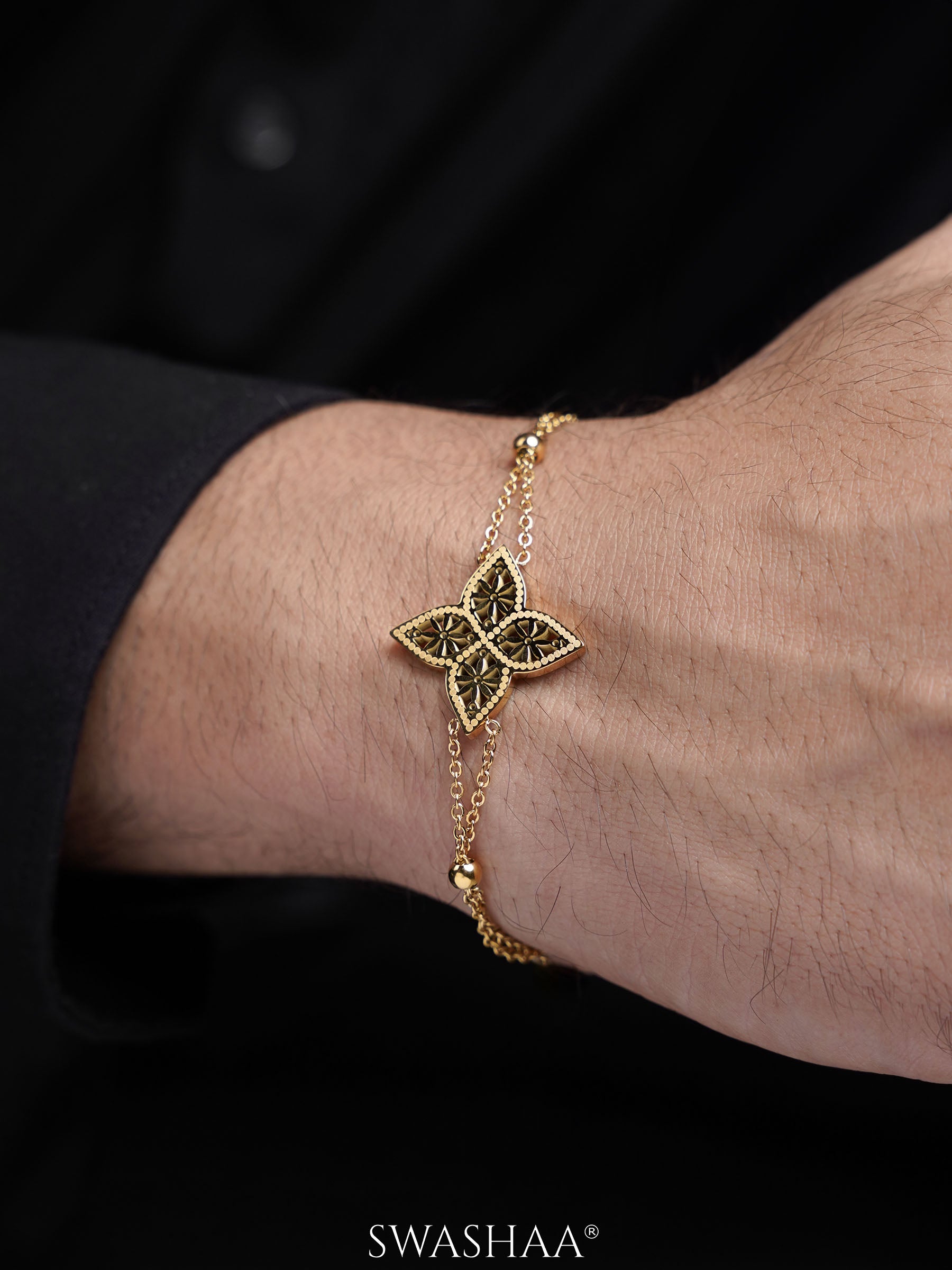 Clover Charm Silver Black Men's Chain Bracelet