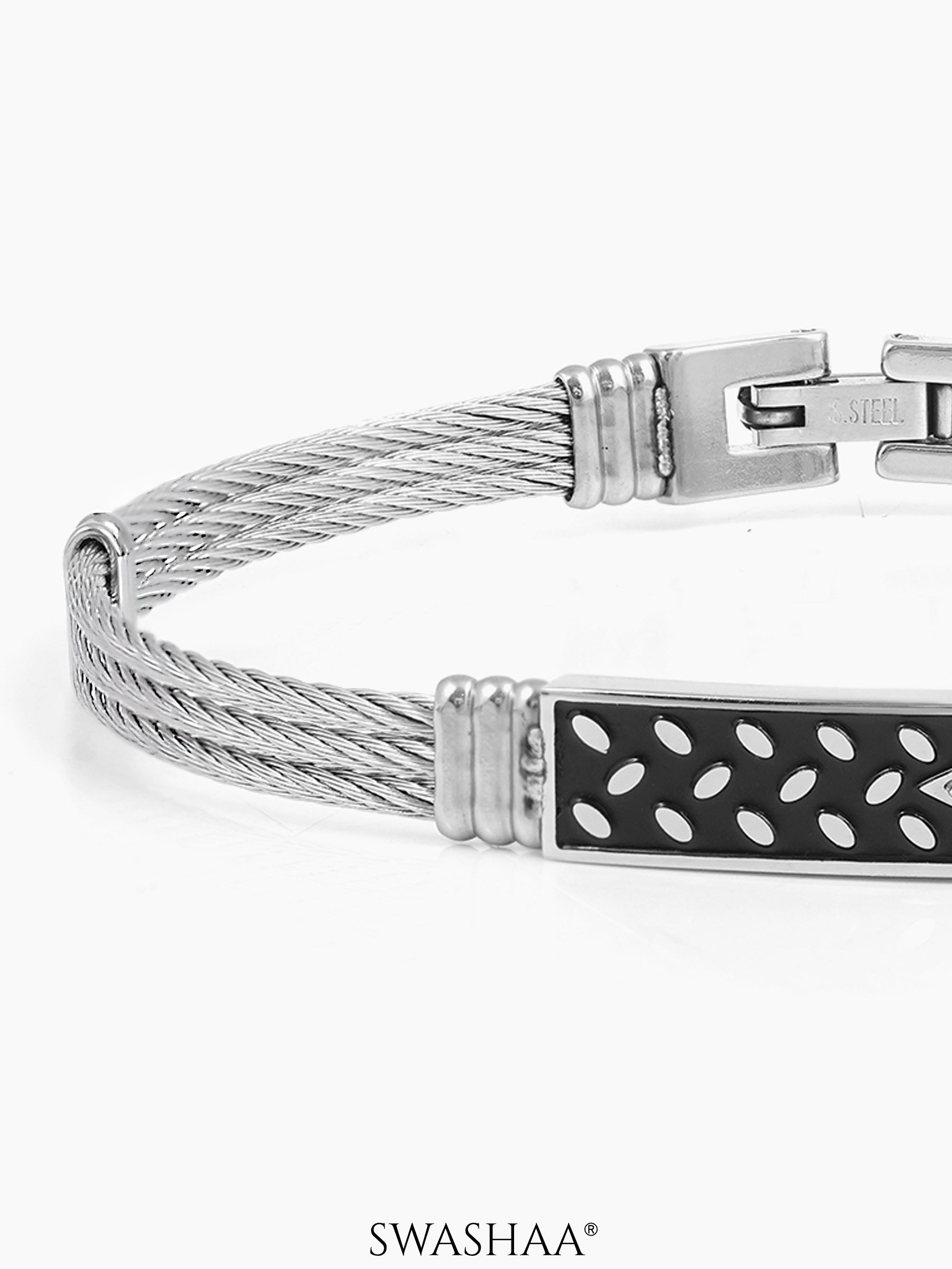Conan Dotted Black Plate Wired Silver Men's Bracelet