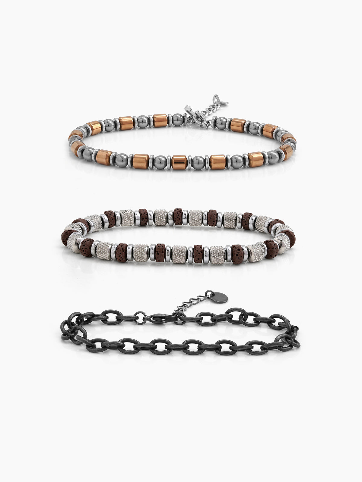 Corlan Beaded Chain Link Black - Silver Men's Bracelet Set