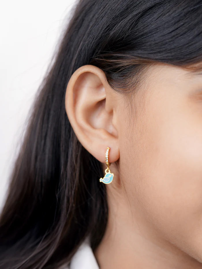 Cute Bird Diamond Charm 18K Gold Plated Kid's Hoop Dangling Earrings