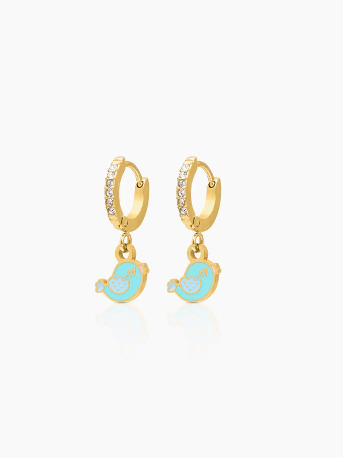 Cute Bird Diamond Charm 18K Gold Plated Kid's Hoop Dangling Earrings