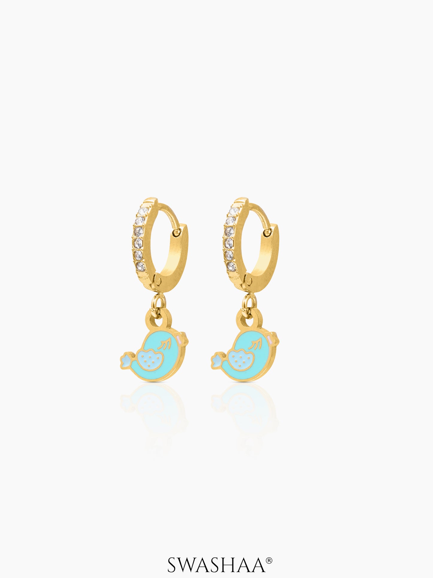 Cute Bird Diamond Charm 18K Gold Plated Kid's Hoop Dangling Earrings