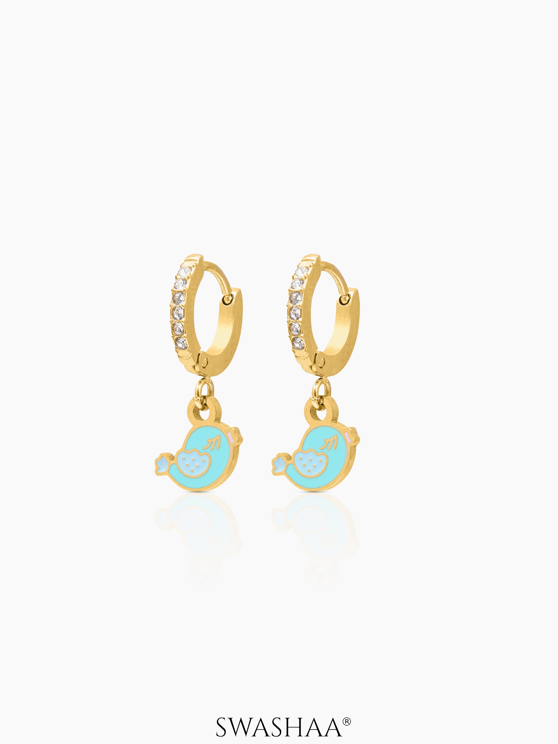 Cute Bird Diamond Charm 18K Gold Plated Kid's Hoop Dangling Earrings