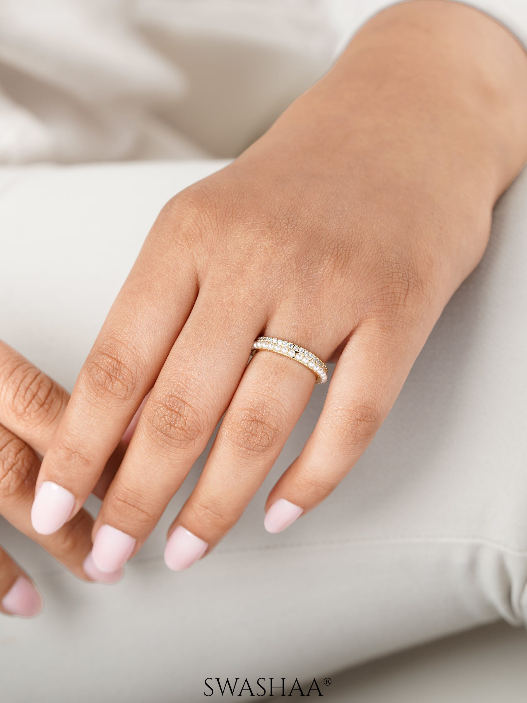 Daarsha White Tiny Sparkling Pearls 14K Gold Plated Ring