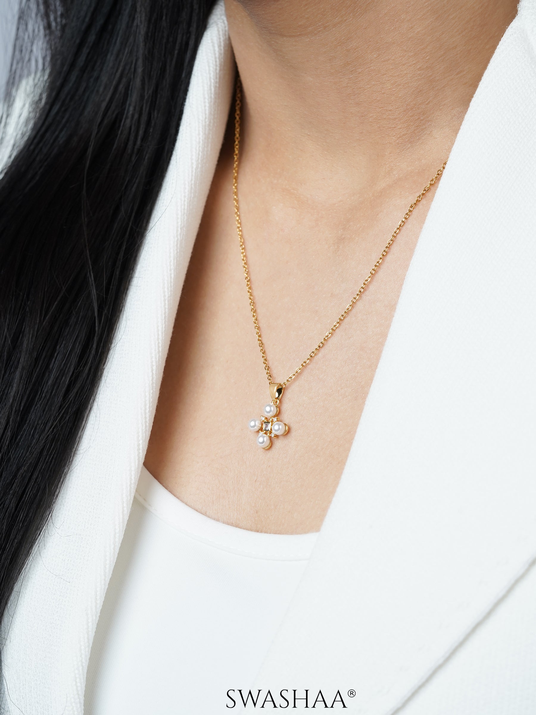 Dahlia Pearl Stones Charm 18K Gold Plated Cross Chain Pendant Necklace