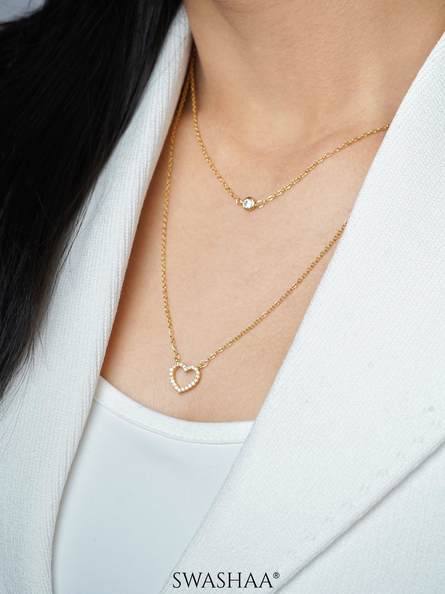 Daiva Double Layered Diamond Heart Charm 18K Gold Plated Necklace