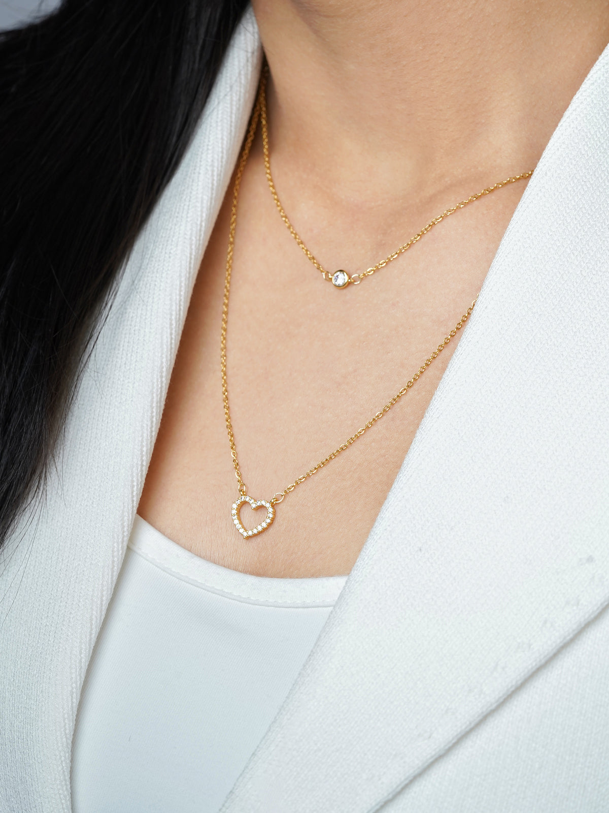 Daiva Double Layered Diamond Heart Charm 18K Gold Plated Necklace