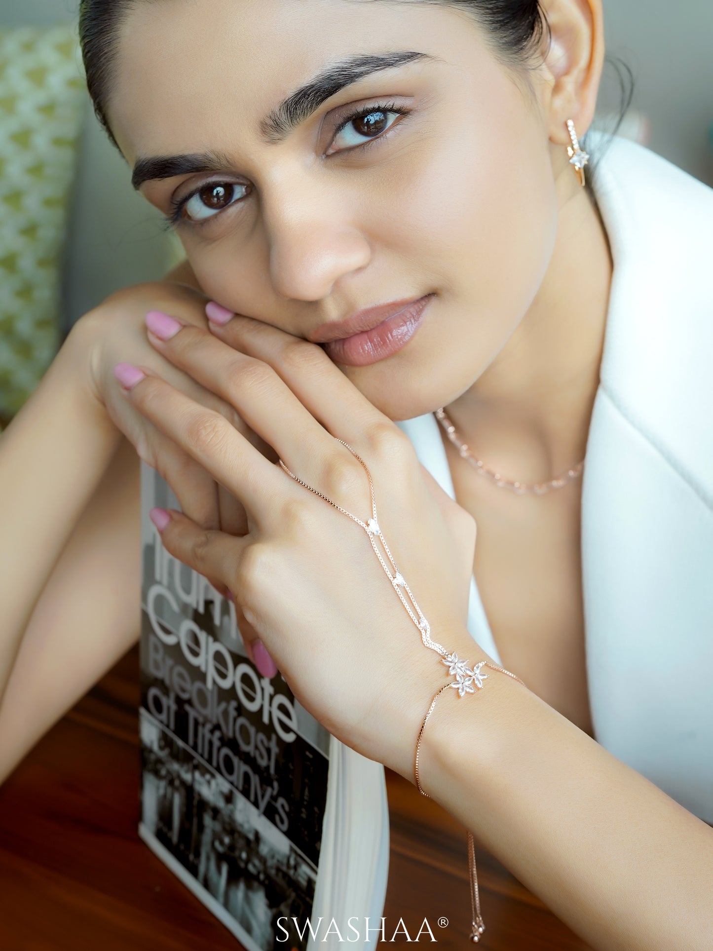 Dakshi Crystals Floral Diamond Charms Rosegold Plated Ring Bracelet, Patricia Princess Cut CZ Drop Pave Lined Solitaire Rosegold Plated Hoop Earrings