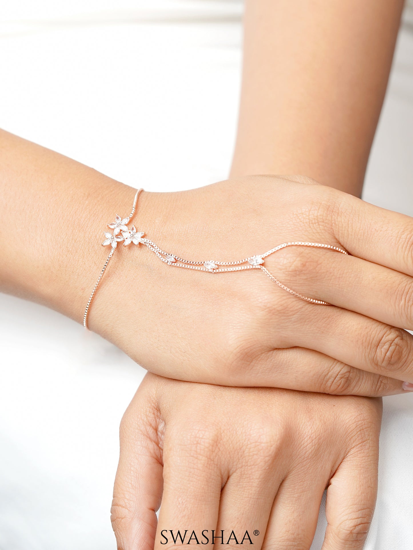 Dakshi Crystals Floral Diamond Charms Rosegold Plated Ring Bracelet