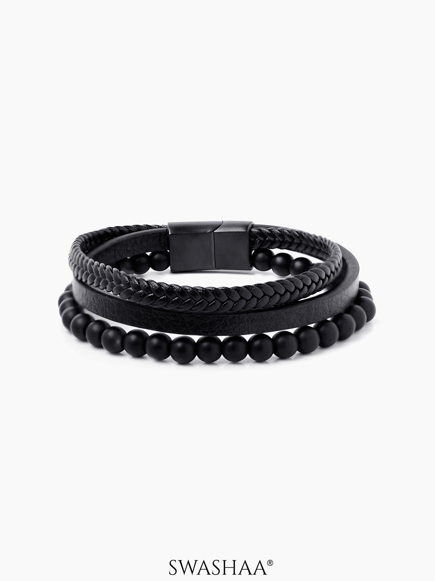 Damon Black Multi Layered Beads Braided Men's Leather Bracelet