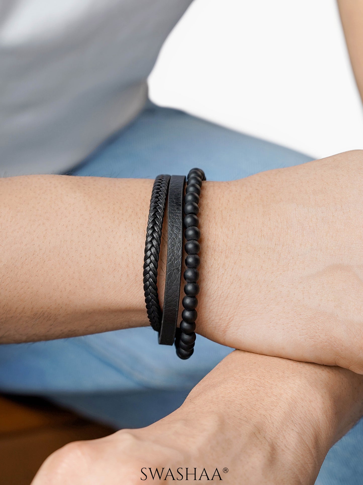 Damon Black Multi Layered Beads Braided Men's Leather Bracelet