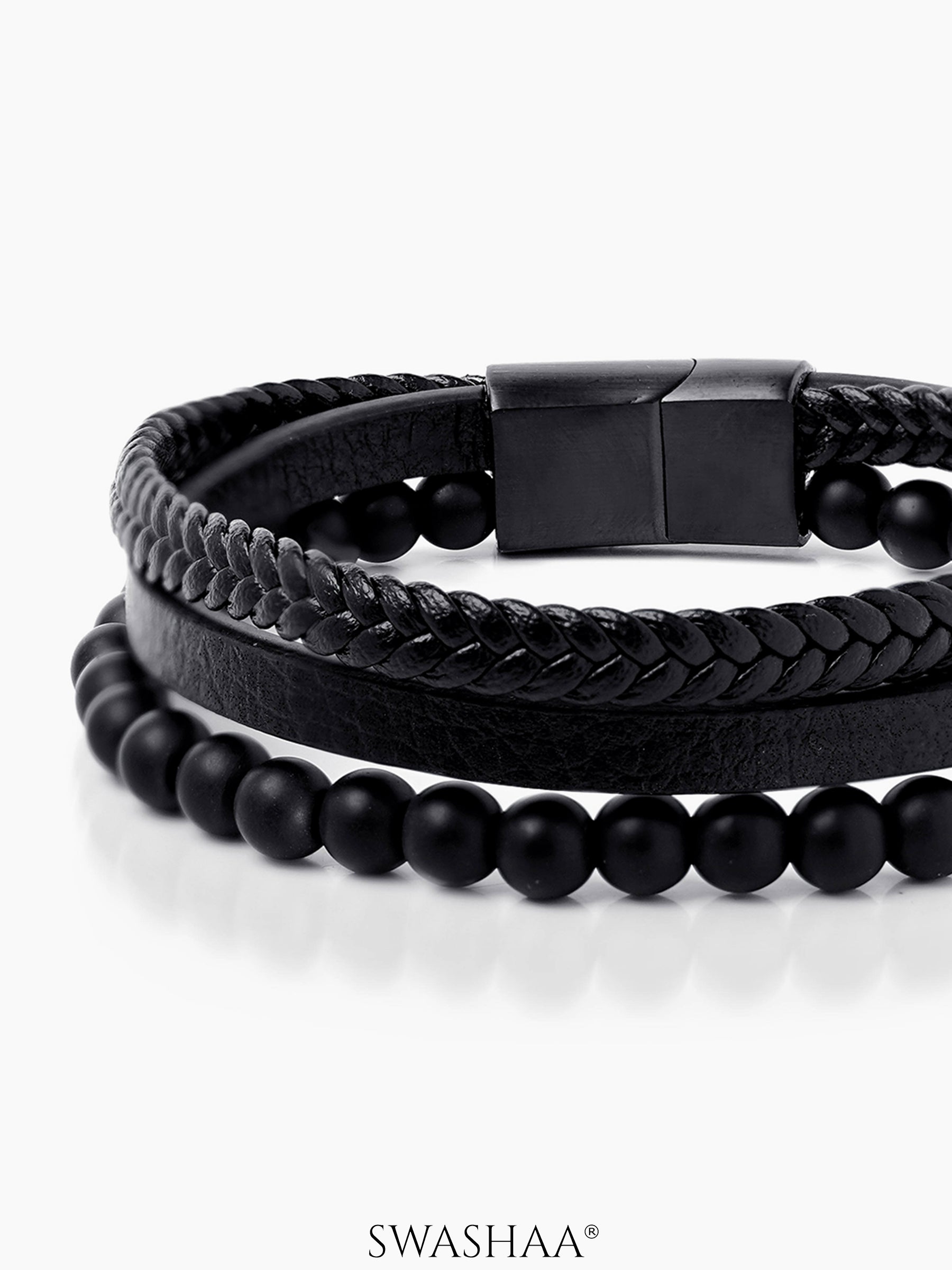 Damon Black Multi Layered Beads Braided Men's Leather Bracelet