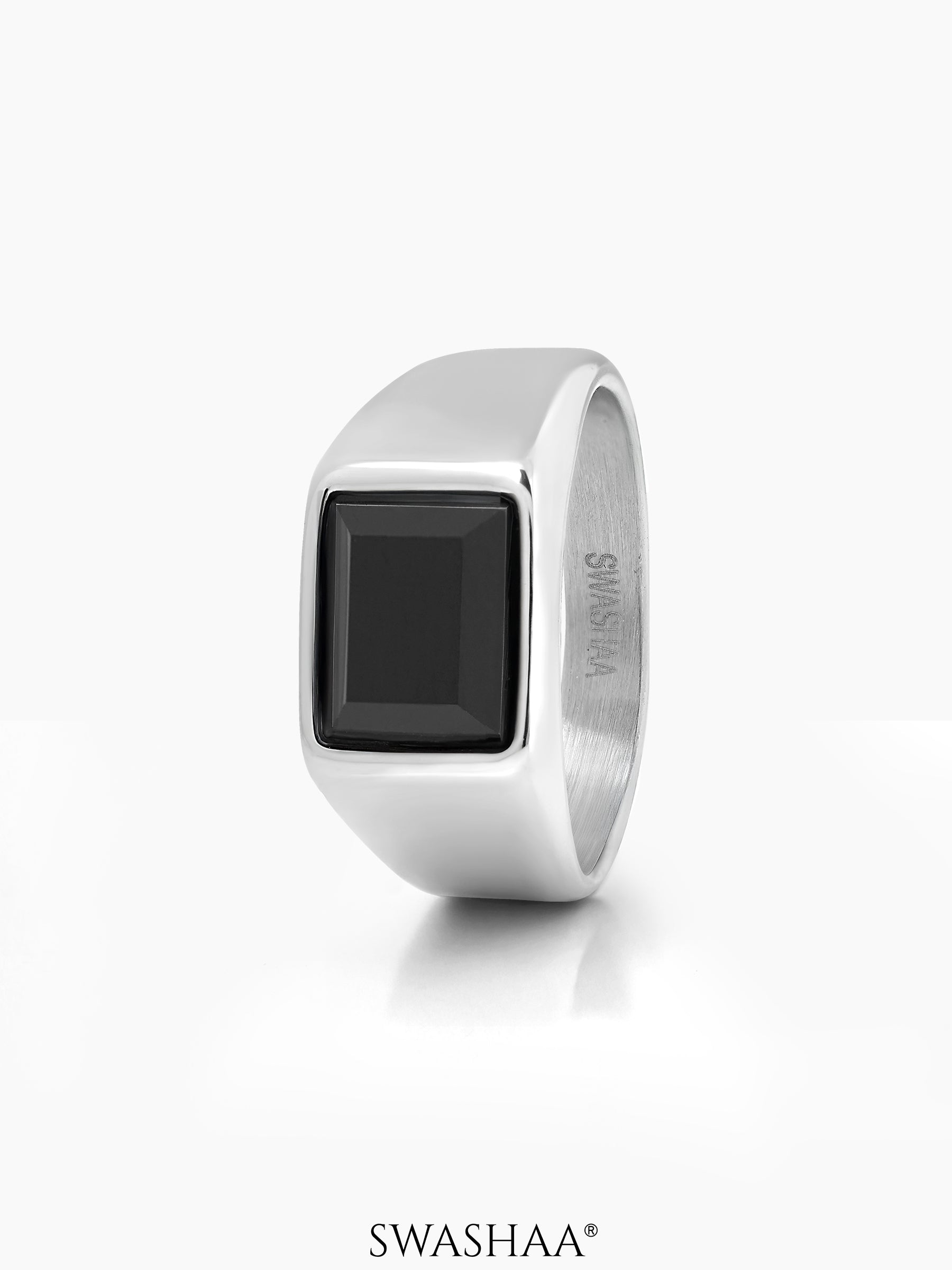Daro Black Rectangular Stone Silver Signet Band Men's Ring