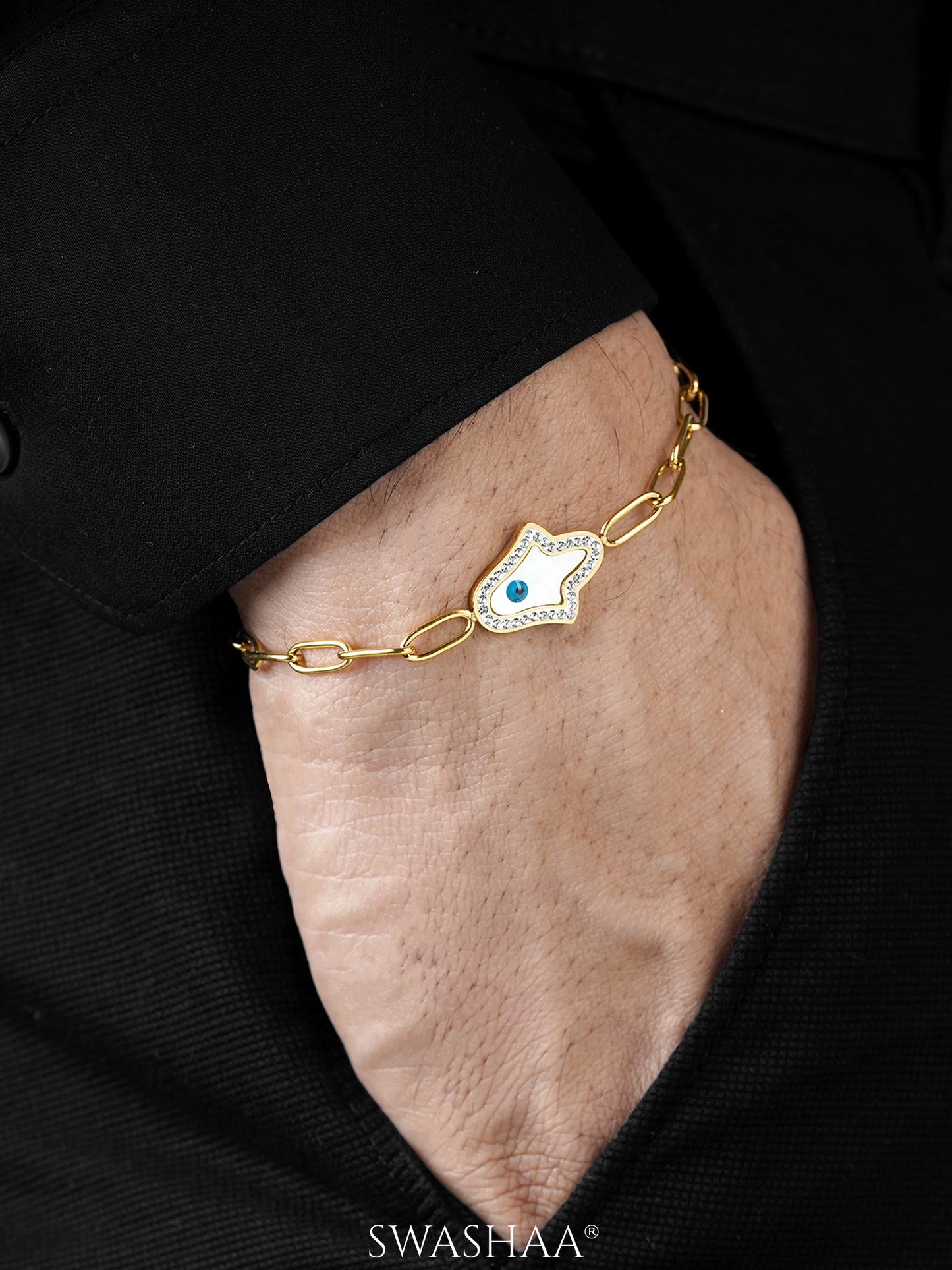 Darsh Link Hamsa Evil Eye 18K Gold Plated Men's Bracelet