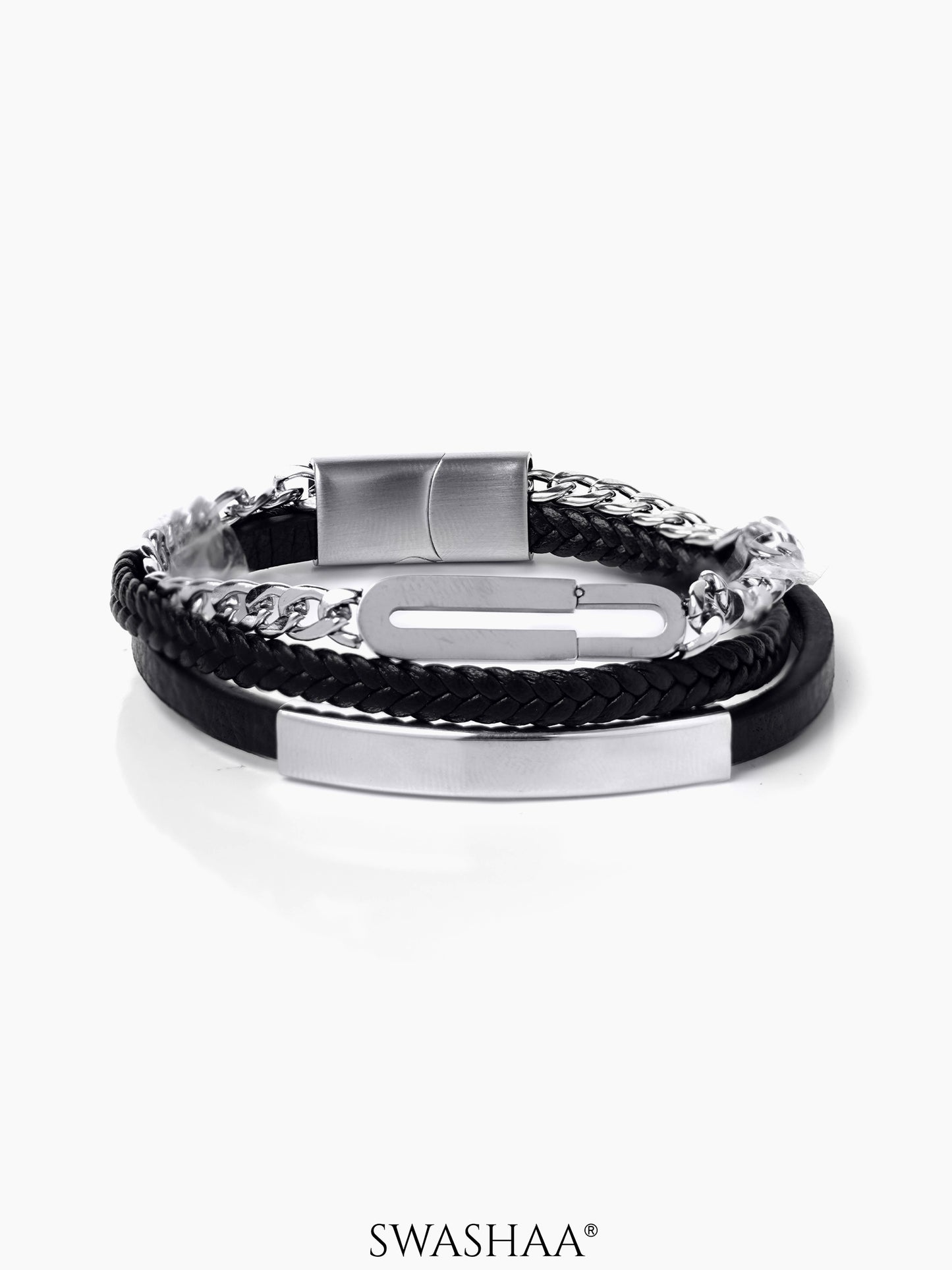 David Braided Black Bands Chunky Silver Chain Links Layered Men's Leather Bracelet