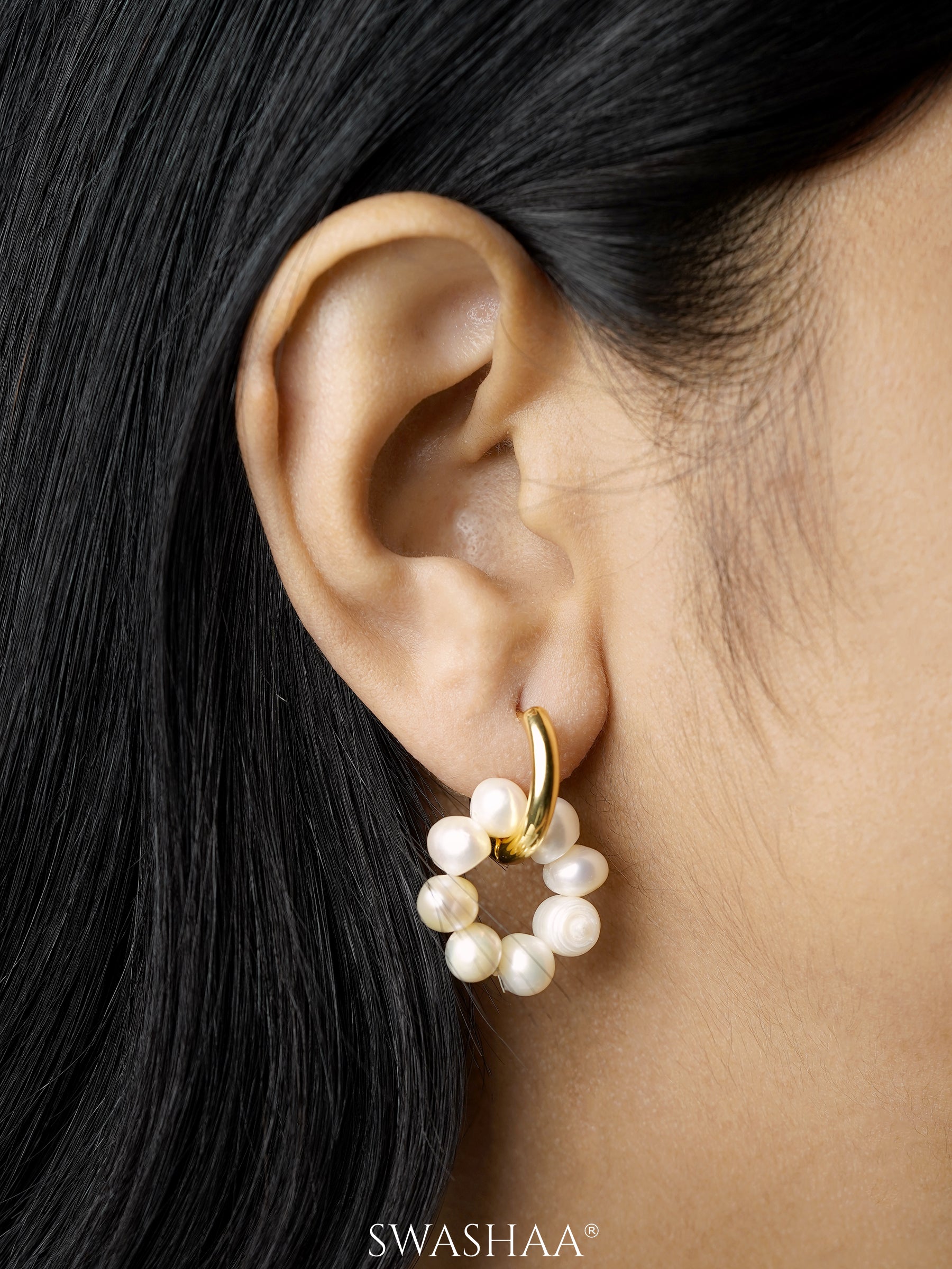 Davina White Pearls Circle Drop 18K Gold Plated Hoop Earrings